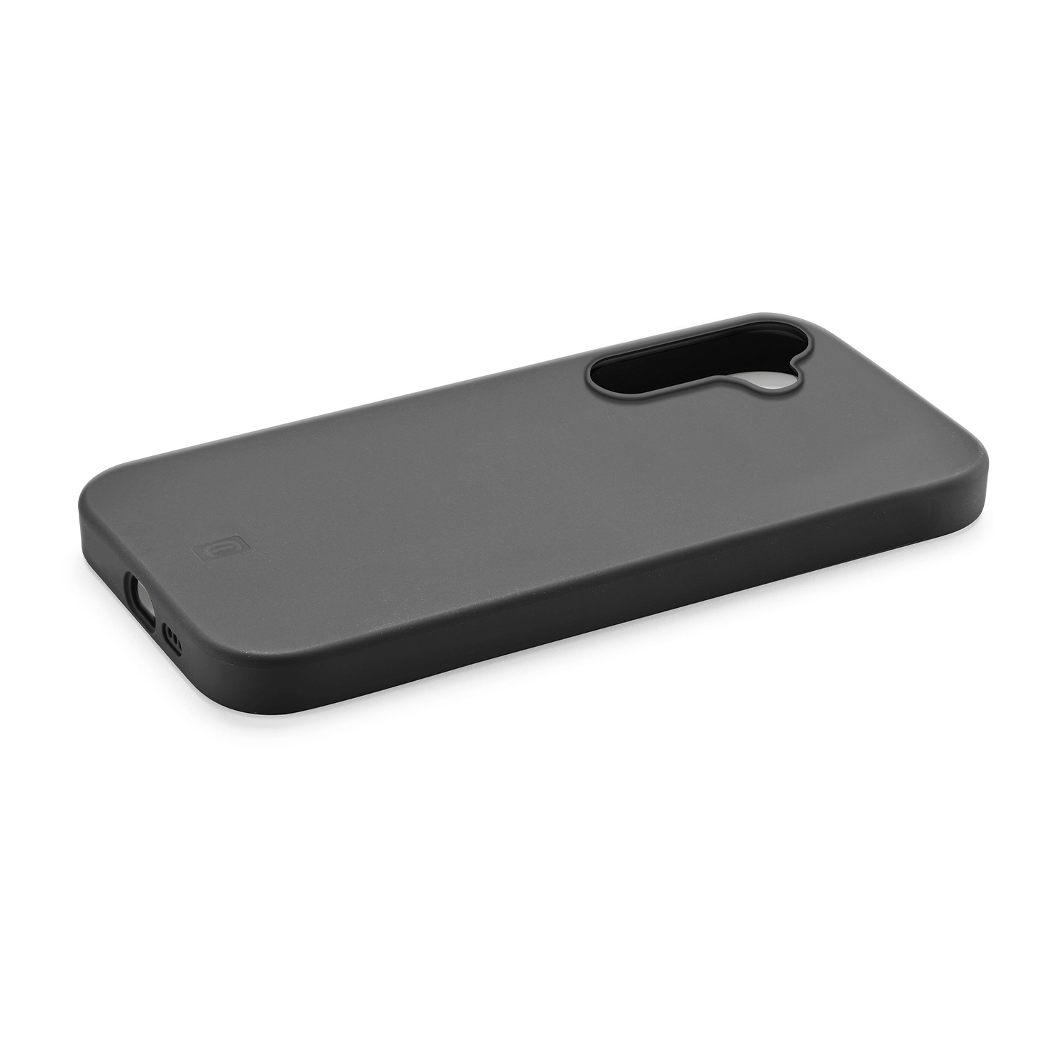 Custodia per telefono nera, design semplice. Bordi curvi, ritaglio per la fotocamera. Vista angolata.