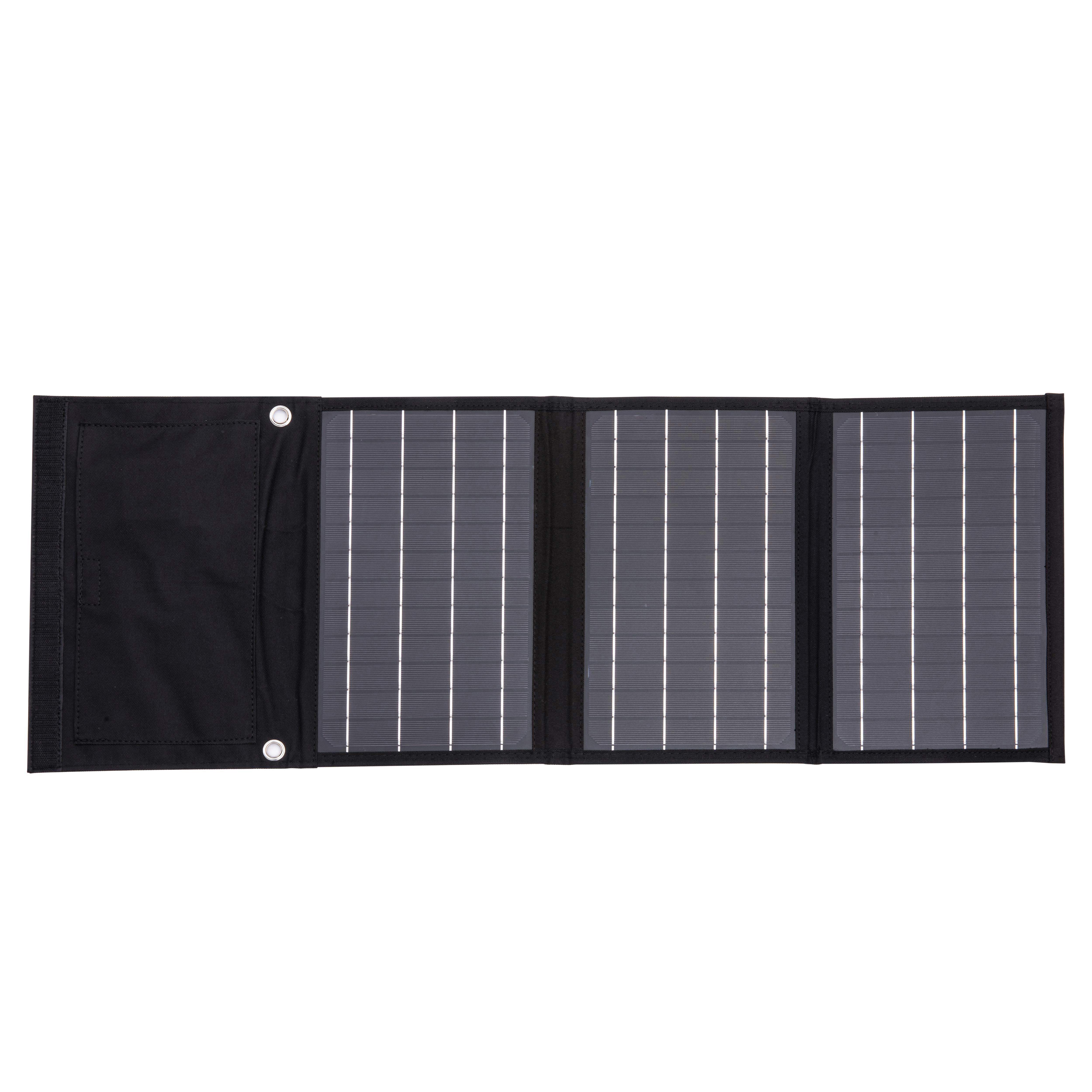 Schwarzes, faltbares Solarpanel, offen, mit drei Abschnitten von Solarzellen.