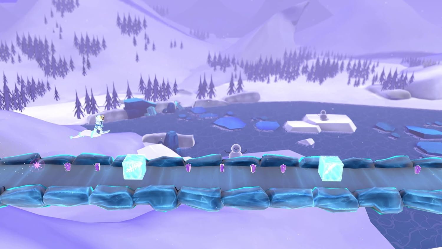 Escena de invierno de dibujos animados con puente sobre lago, personaje esquiando.