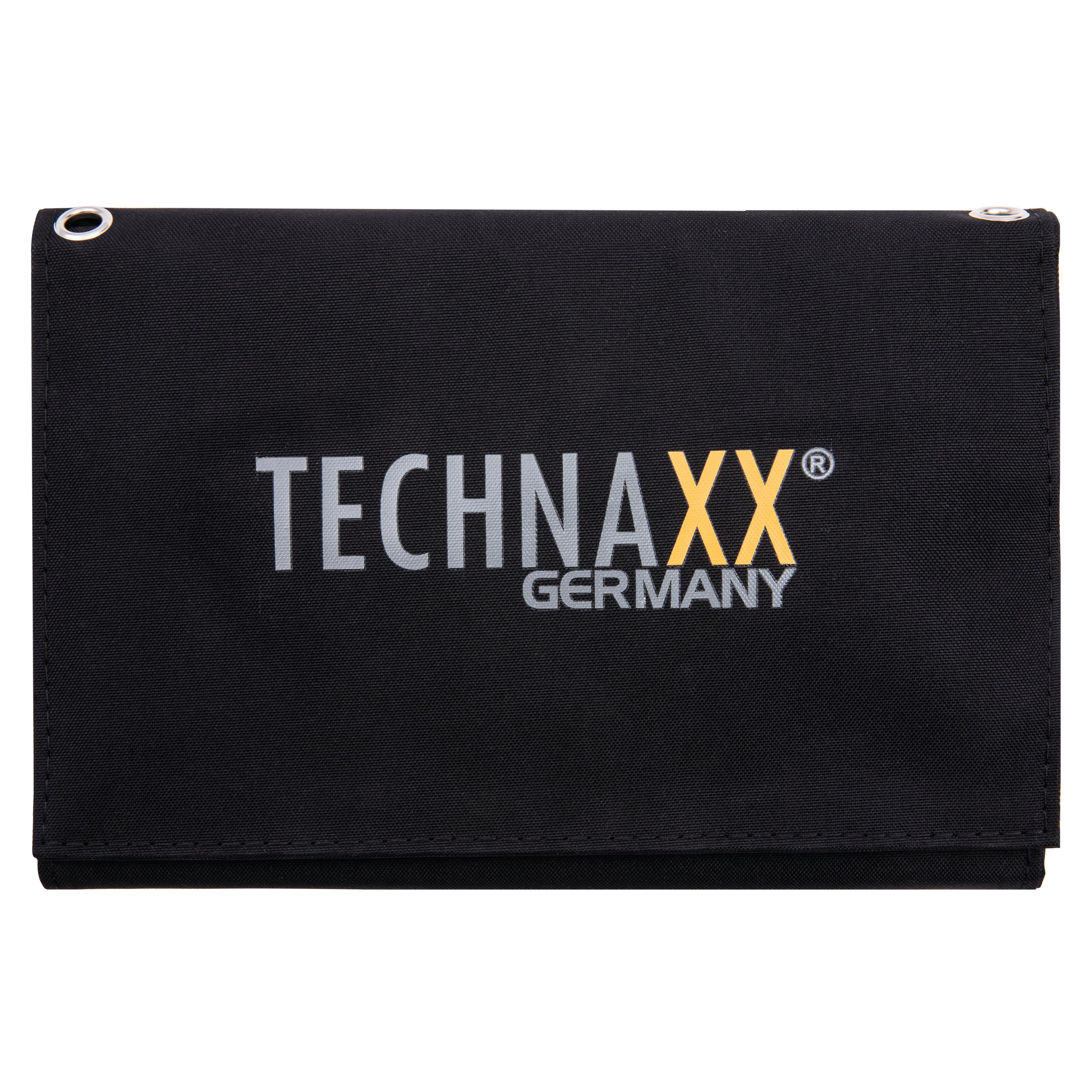 Schwarzes Portemonnaie mit TECHNAXX Logo, Deutschland Text, geschlossen.