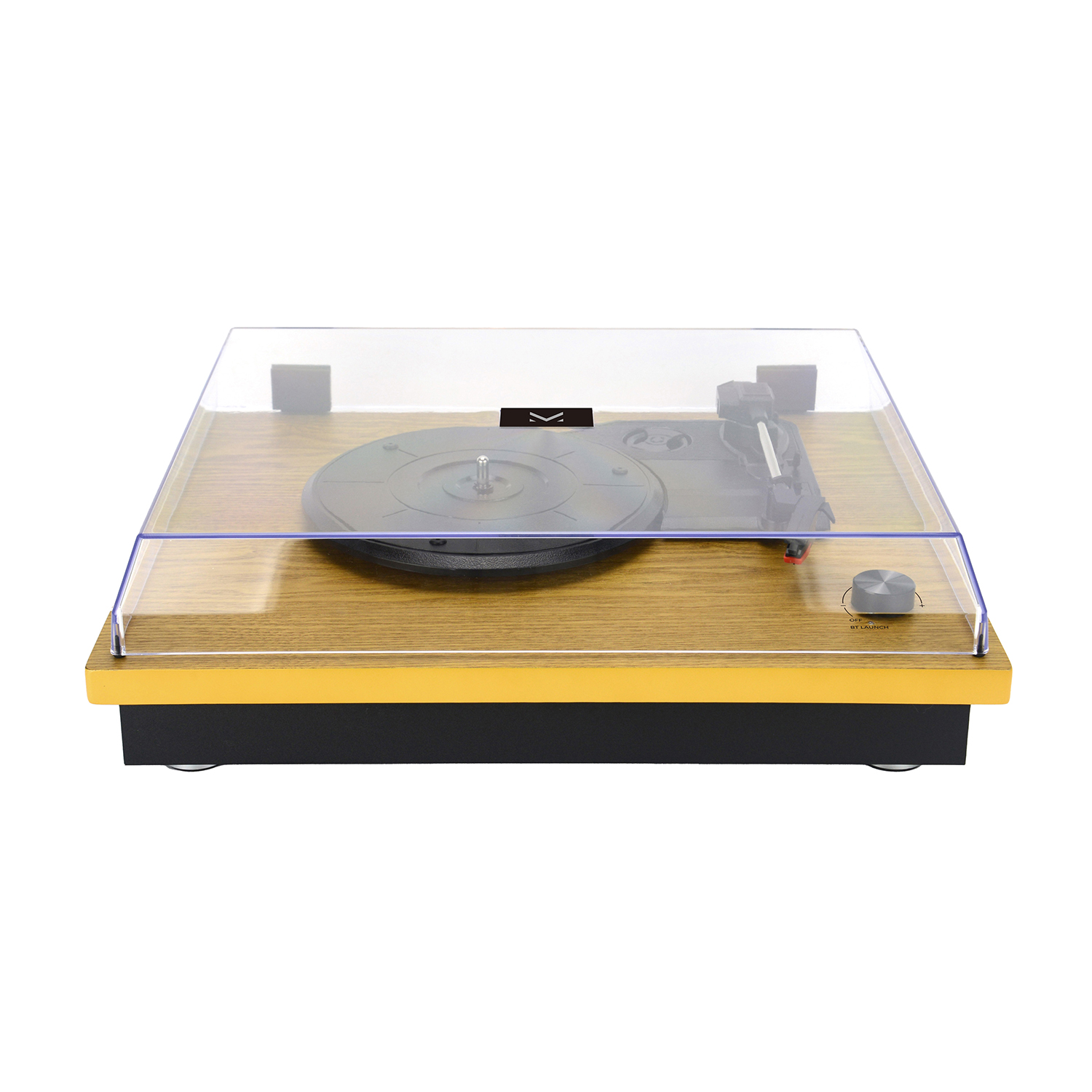 Giradischi con coperchio trasparente, base in legno e componenti neri.