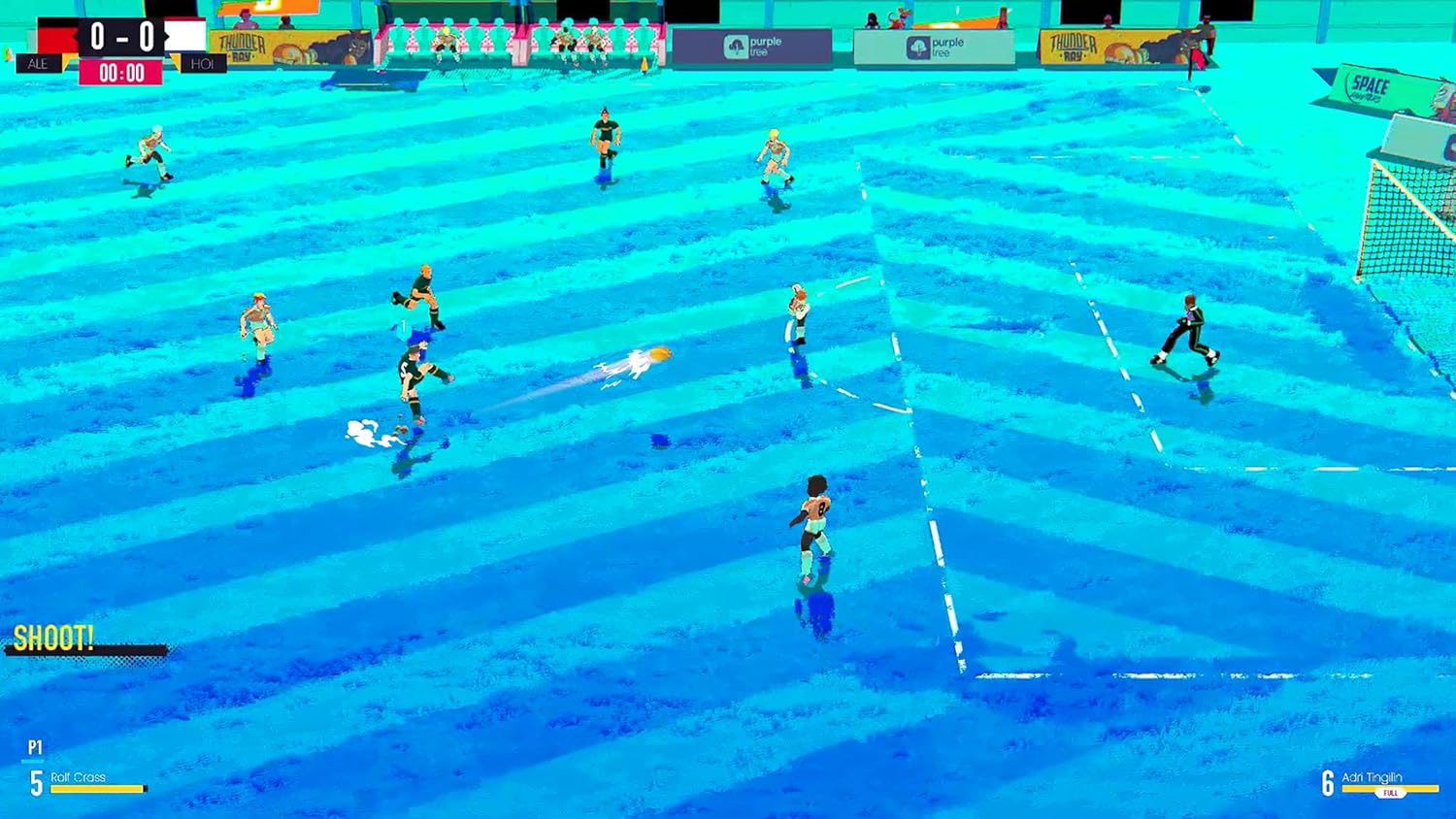 Vista cenital de un juego de fútbol estilizado con jugadores y marcador.