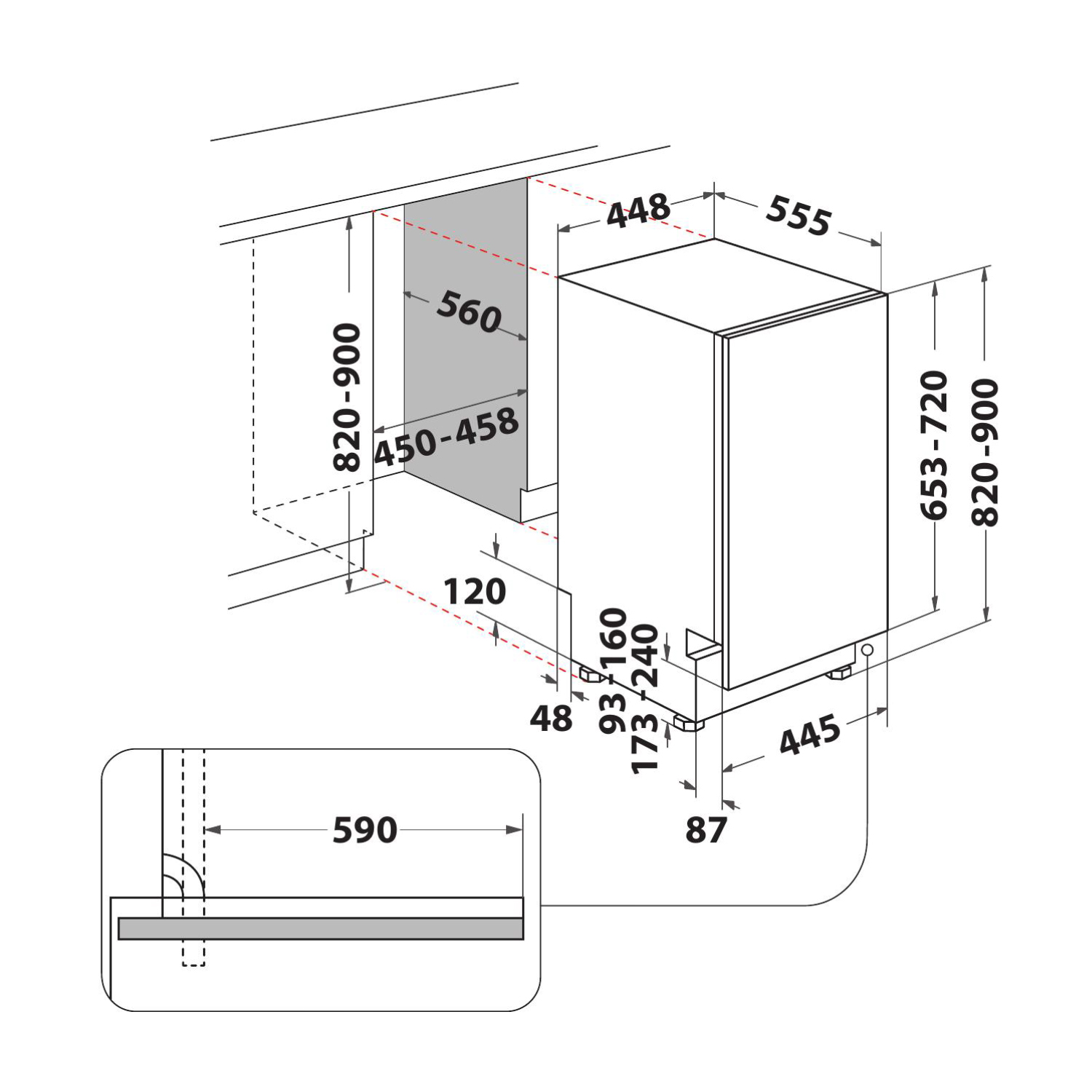 Disegno tecnico con dimensioni di una lavastoviglie a incasso e dello spazio in cui si inserisce.