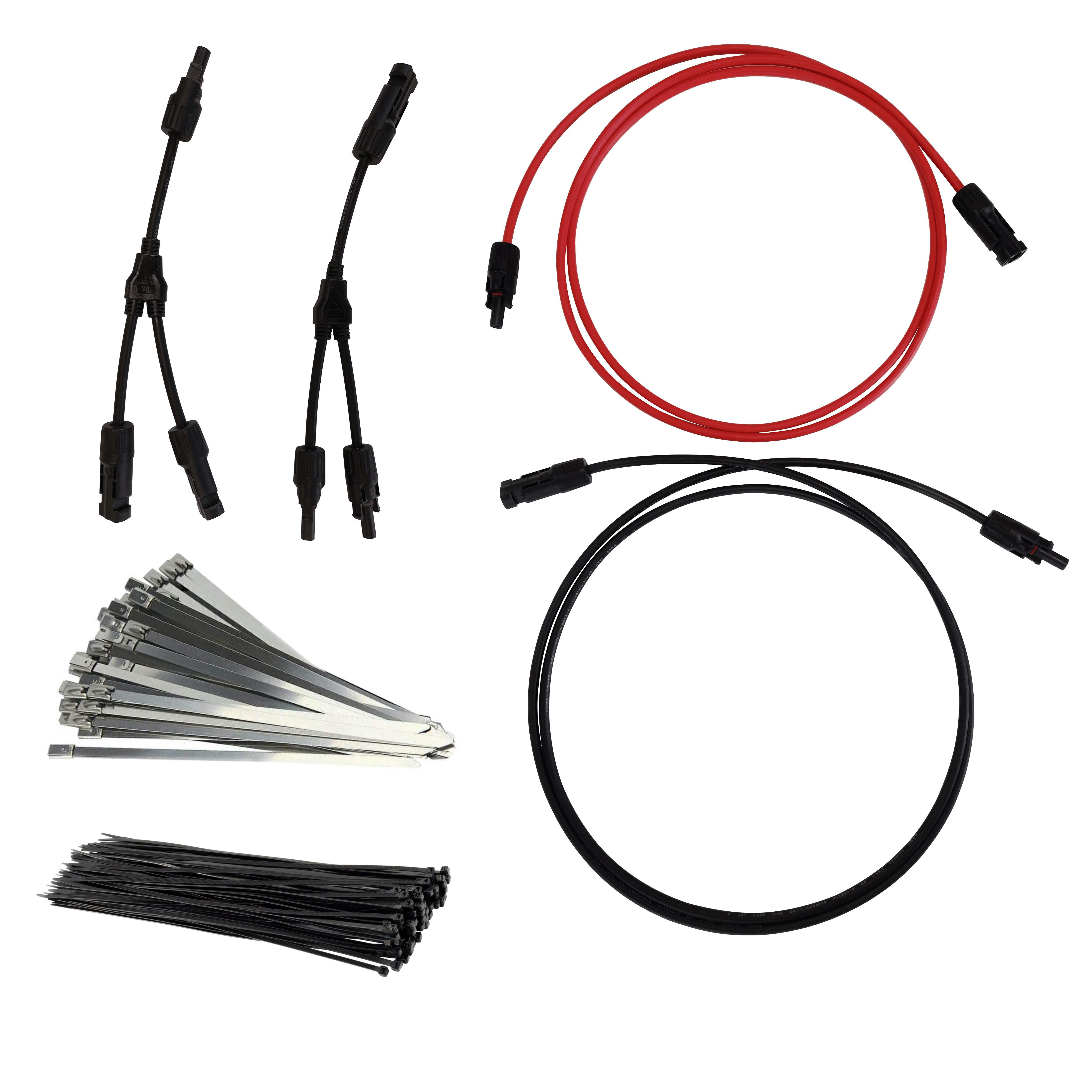 Verschiedene Solarpanel-Anschlüsse, Kabel und Kabelbinder, angeordnet auf weißem Hintergrund.
