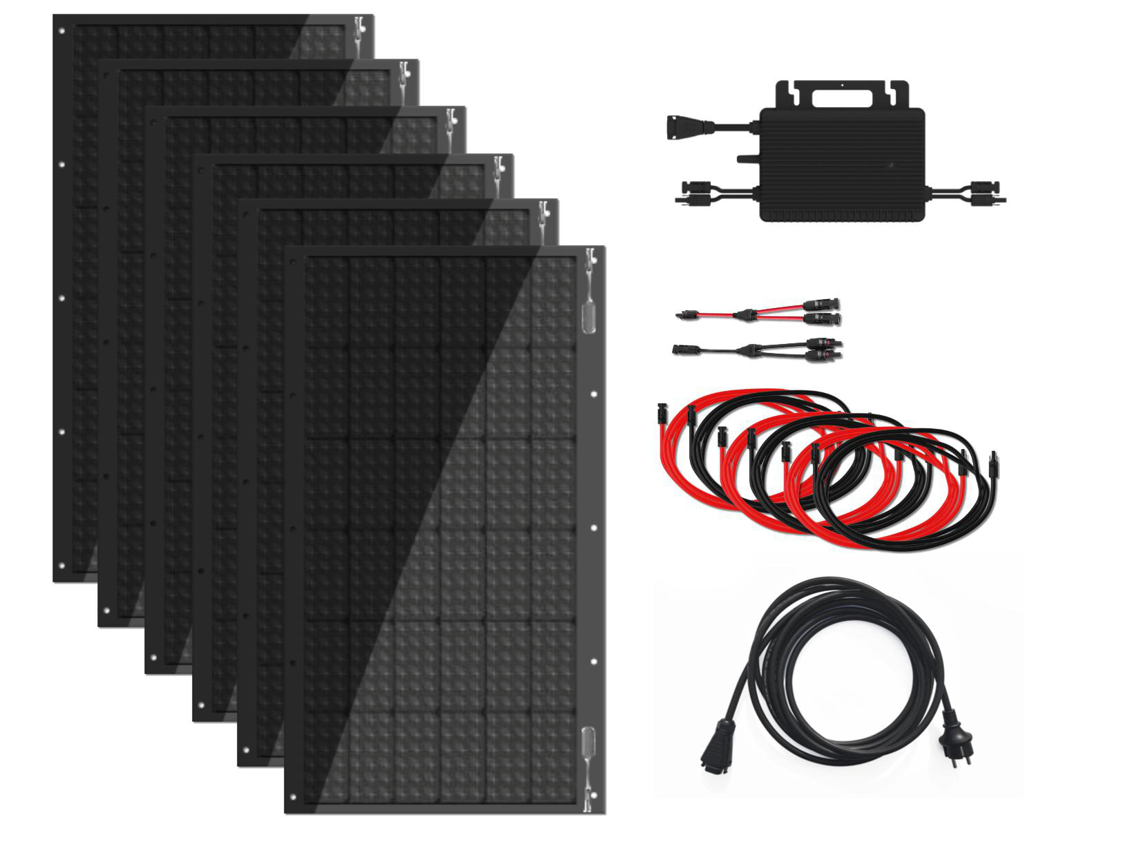 Anordnung von Solarmodulen und zugehöriger Ausrüstung: Wechselrichter, Kabel und Stecker. Schwarz und rot.