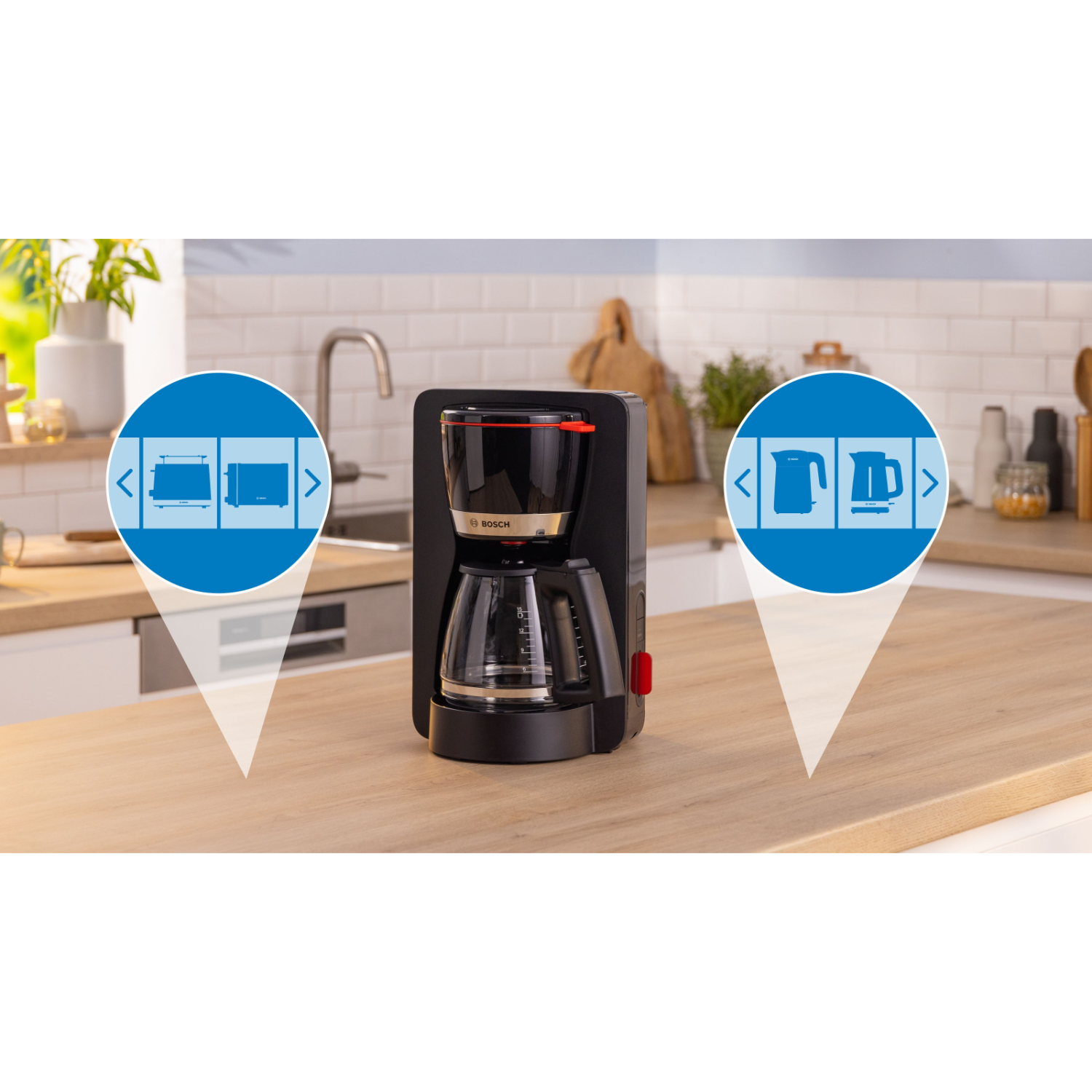 Koffiezetapparaat met een zwarte behuizing en een glazen kan, en pictogrammen.