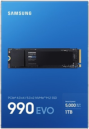 Boîte SSD Samsung 990 EVO. Design bleu et blanc, avec détails du produit et spécifications.