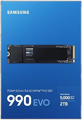 A Samsung 990 EVO SSD package with text and a blue background.