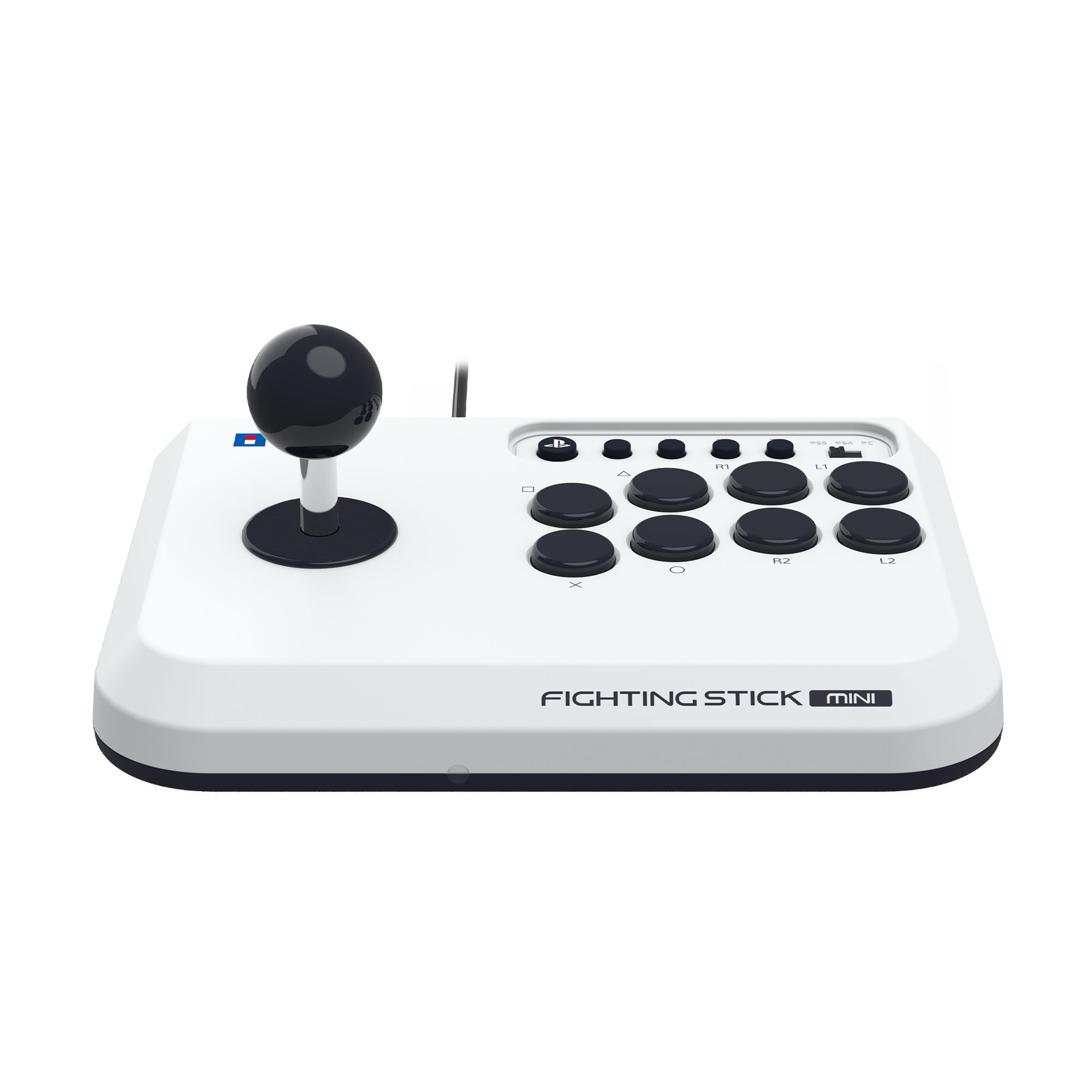 Ein weißer Fighting Stick Mini-Controller mit schwarzem Joystick und Tasten.