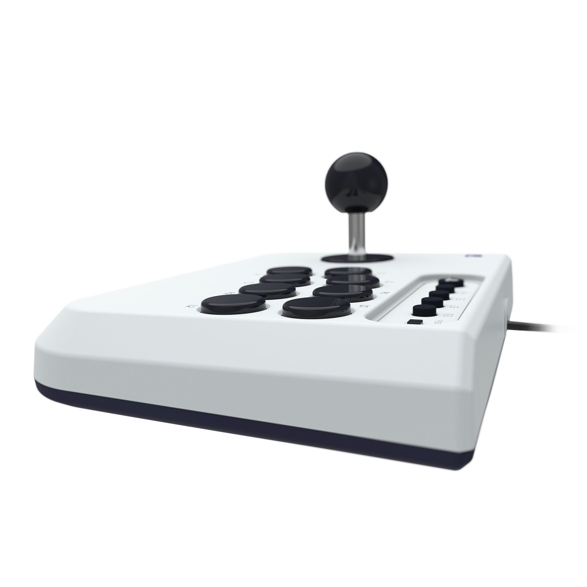 Ein weißer Arcade-Joystick-Controller mit schwarzen Knöpfen und einem schwarzen Kugel-Joystick. Weißer Hintergrund.