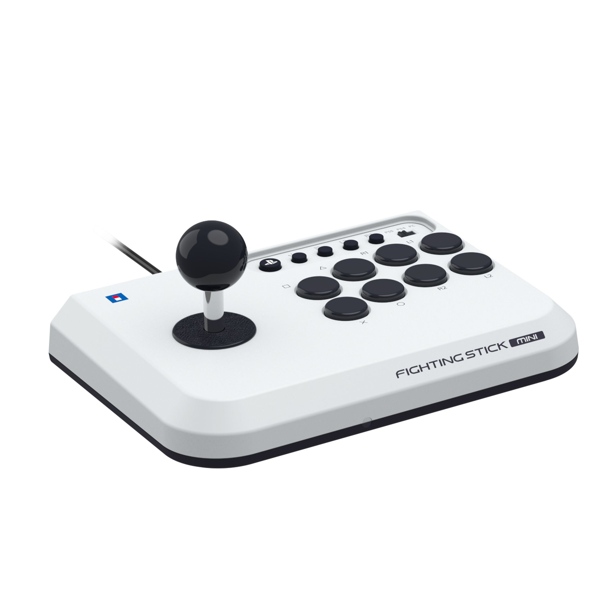 Weißer Joystick im Arcade-Stil mit schwarzen Knöpfen und einem Joystick, mit Mini-Etikett.