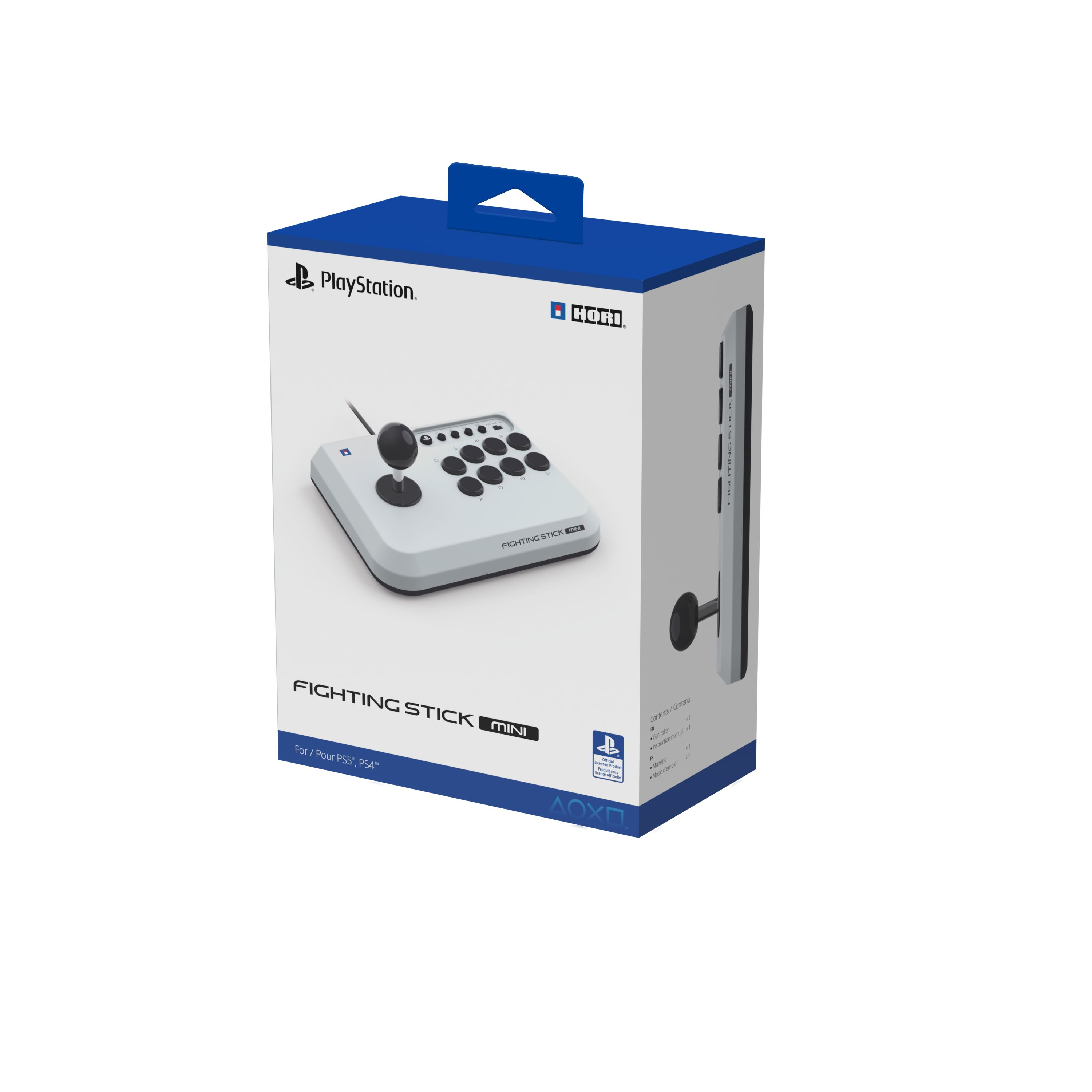 Ein weiß-schwarzer Joystick-Controller in seiner Verpackung. Die Box zeigt den Controller.