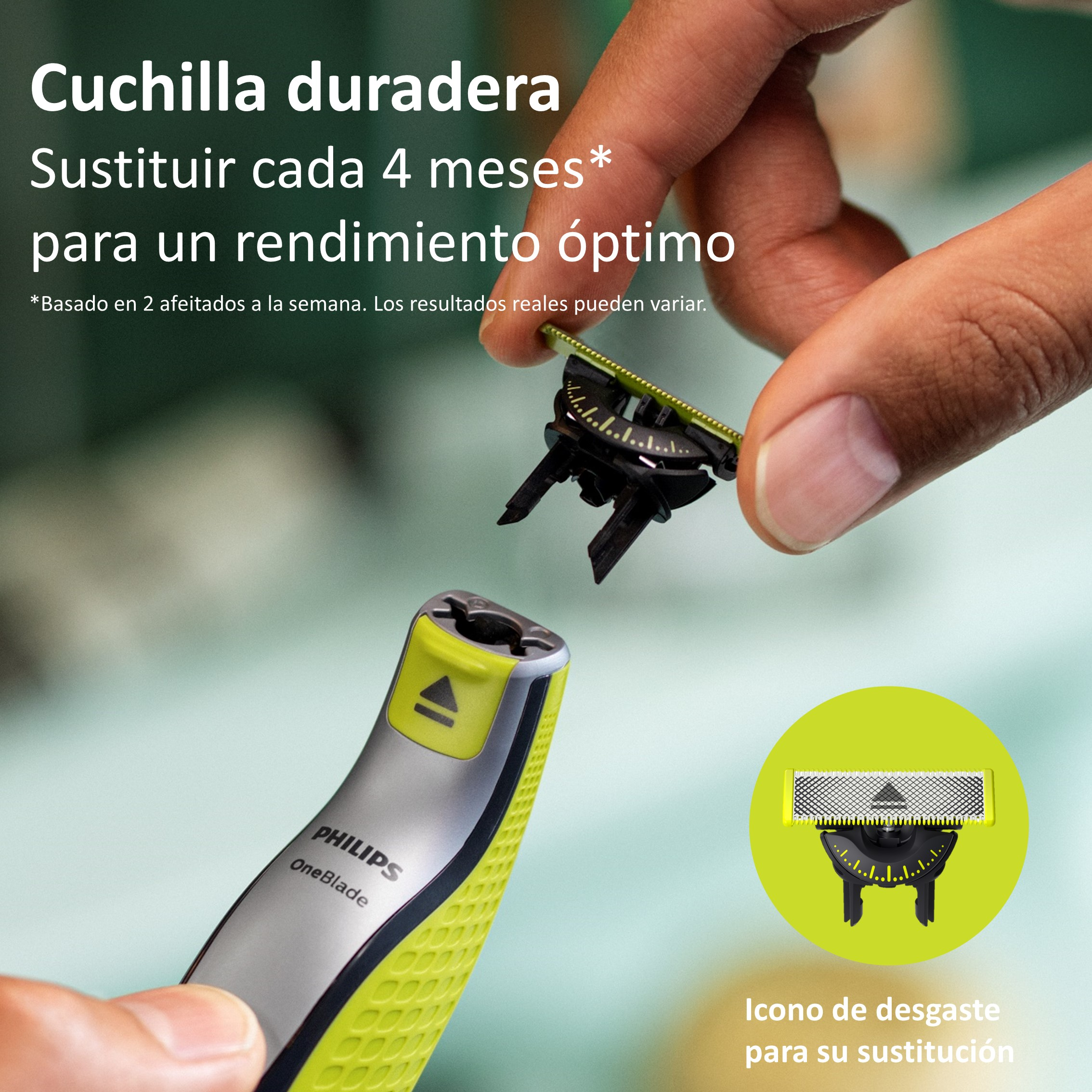 Una afeitadora Philips OneBlade con cabezal de repuesto y fondo verde.