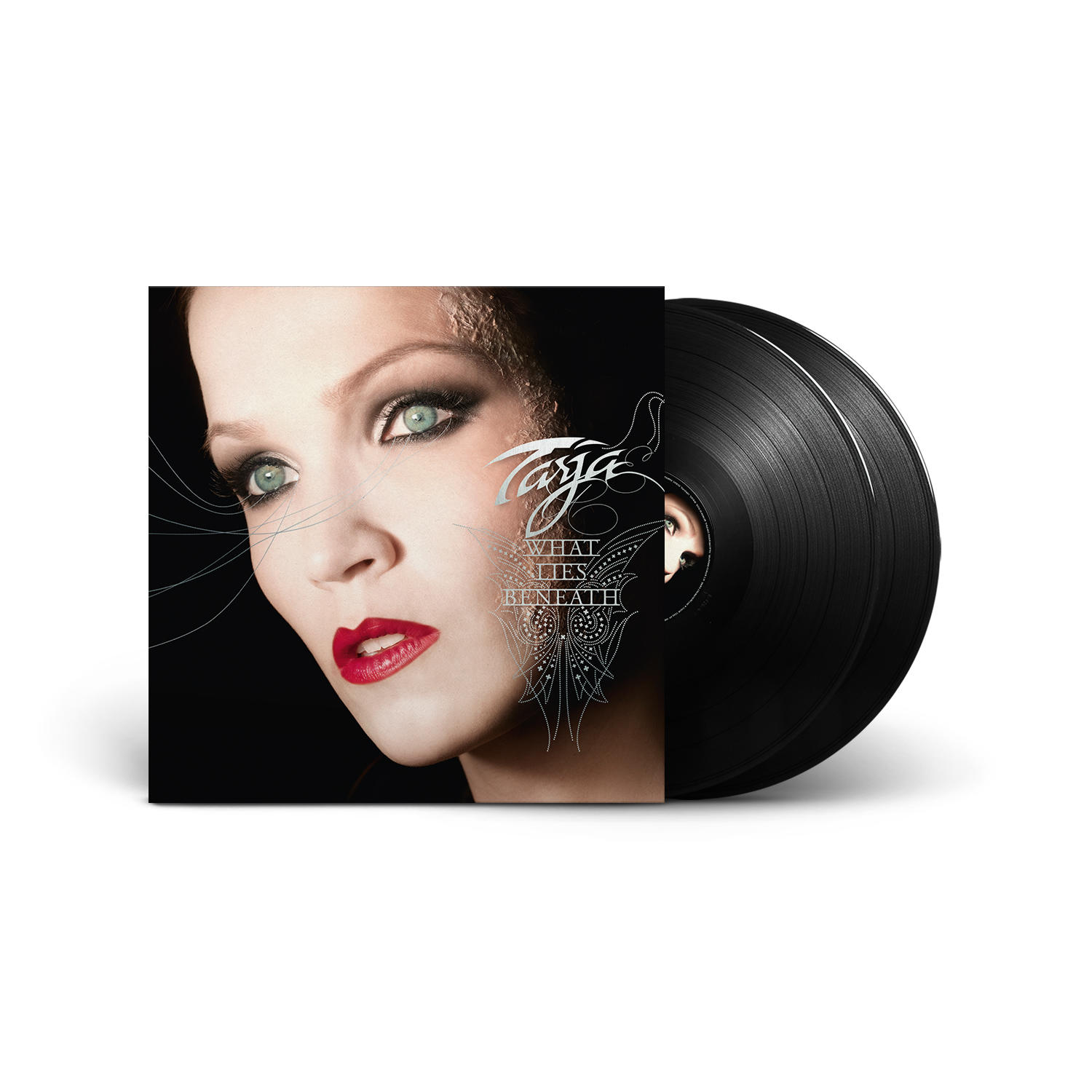 Schwarzes Vinyl-Schallplatten-Albumcover mit Frauenantlitz und Text, zwei schwarze Vinyl-Schallplatten.