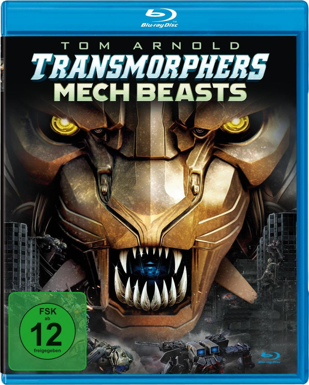 Blu-ray-Filmcover. Löwenartiges Robotergesicht mit dem Titel: Transmorphers Mech Beasts.