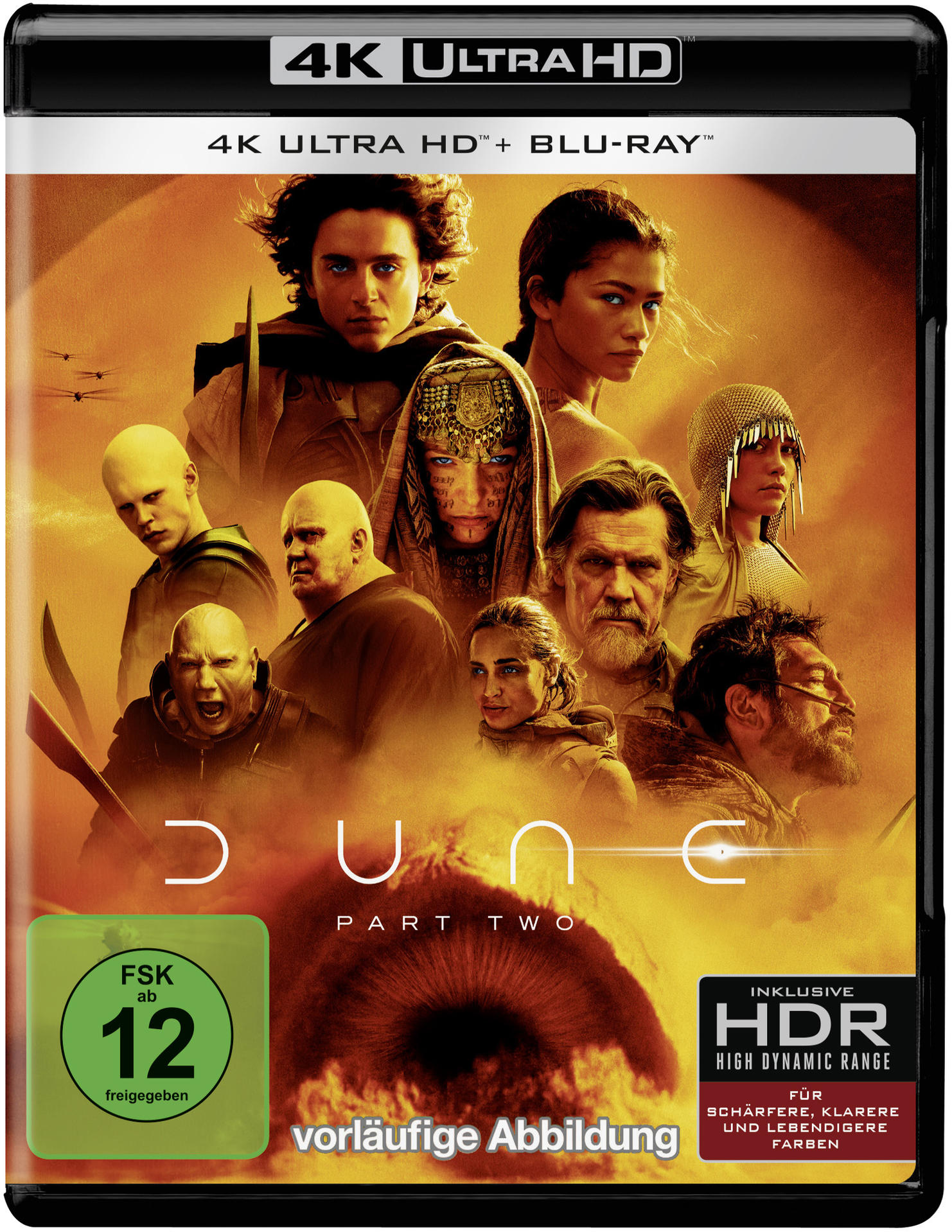 Dune Part Two 4K Ultra HD Blu-ray Cover mit Gesichtern der Charaktere und weißem Titel.