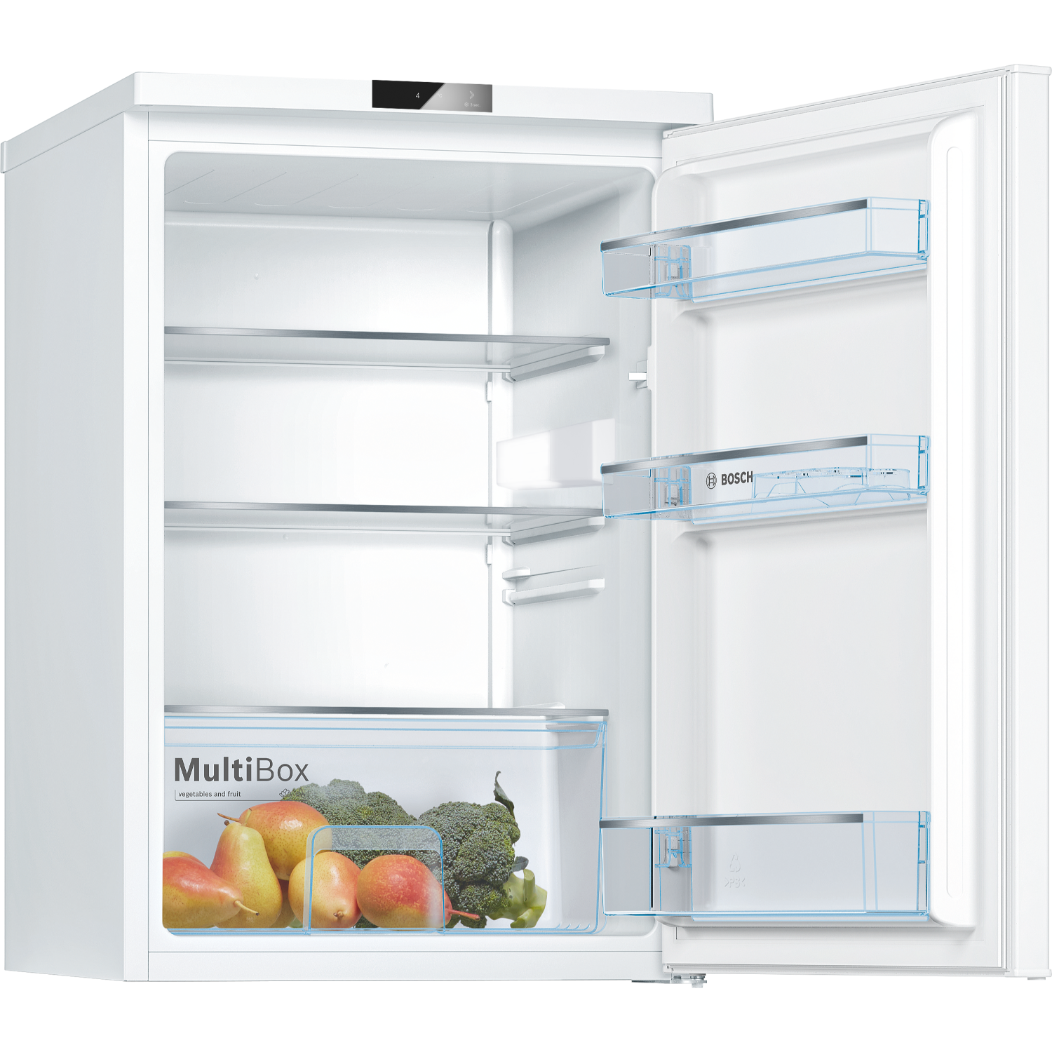 Open white refrigerator with fruits and broccoli. MultiBox in the bottom.