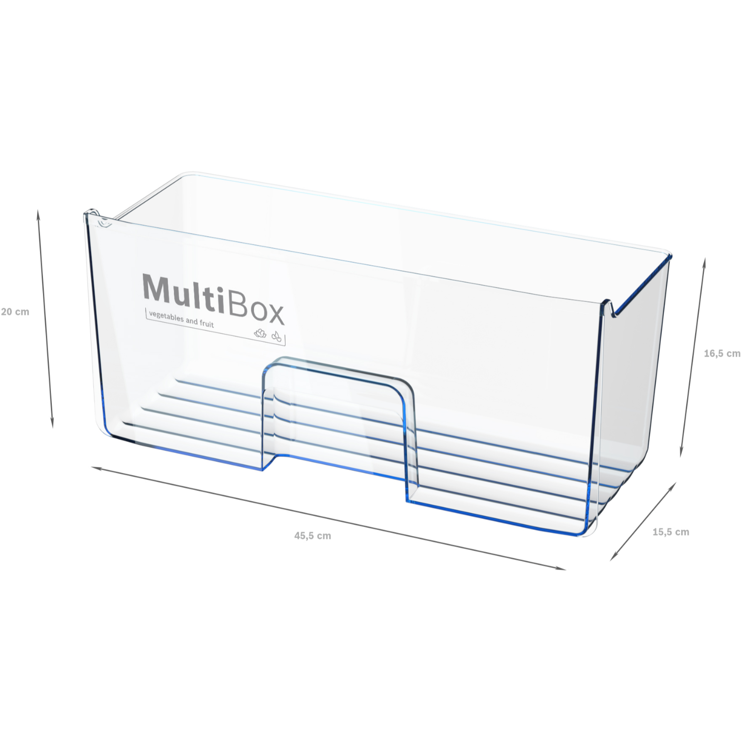 Clear plastic refrigerator drawer with dimensions labeled. Blue handle and MultiBox text. White background.