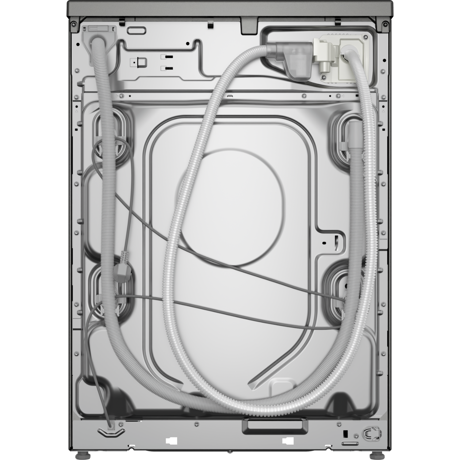 Achteraanzicht van een wasmachine met slangen en componenten. Zilver metallic afwerking.
