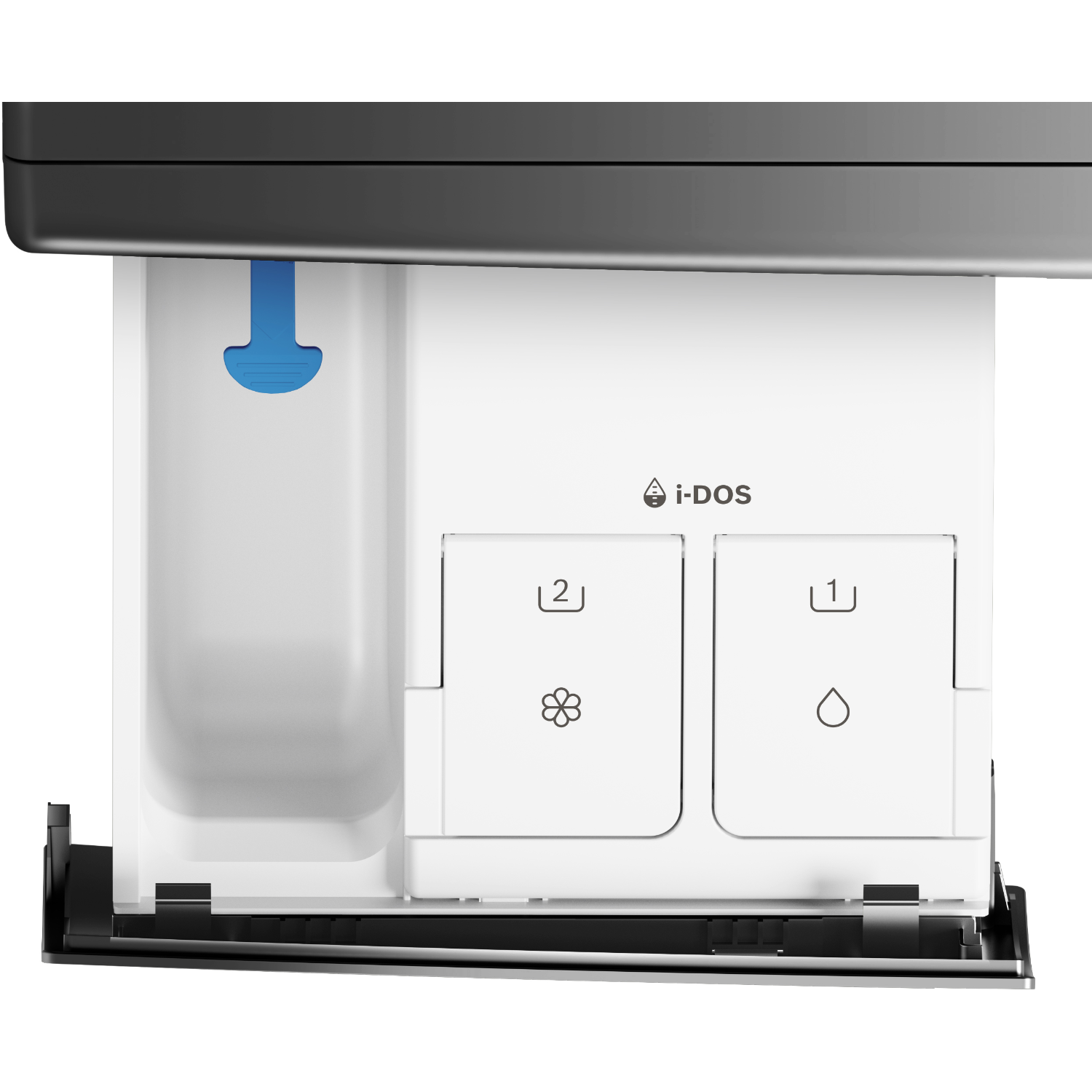 Een wit compartiment van een wasmachine, met het label i-DOS, met twee compartimenten en iconen.