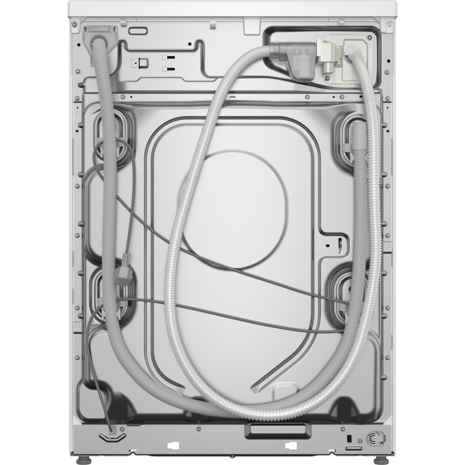 De achterkant van een wasmachine. Slangen en andere mechanische componenten zijn zichtbaar.