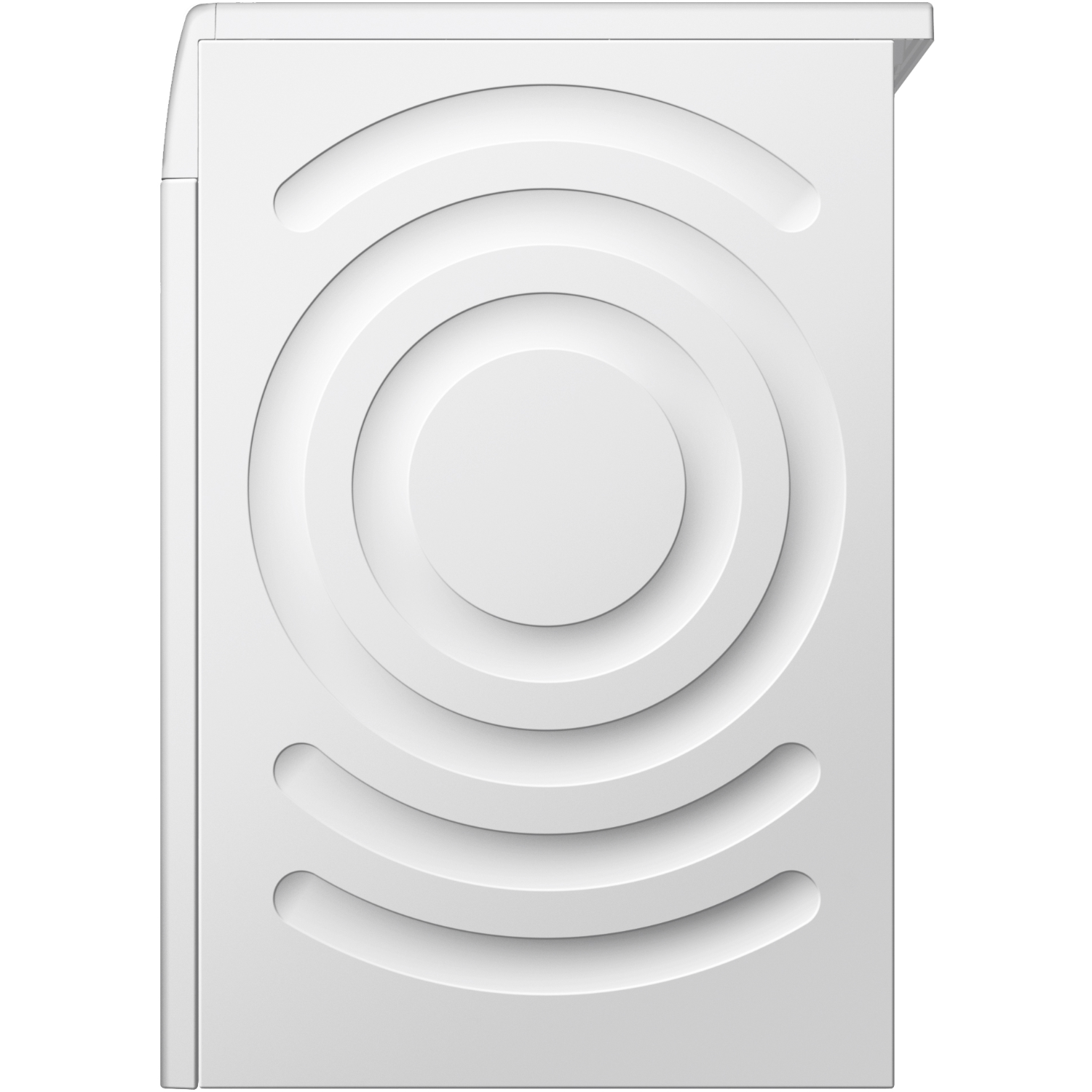 White washing machine, front view with circular design, black background.
