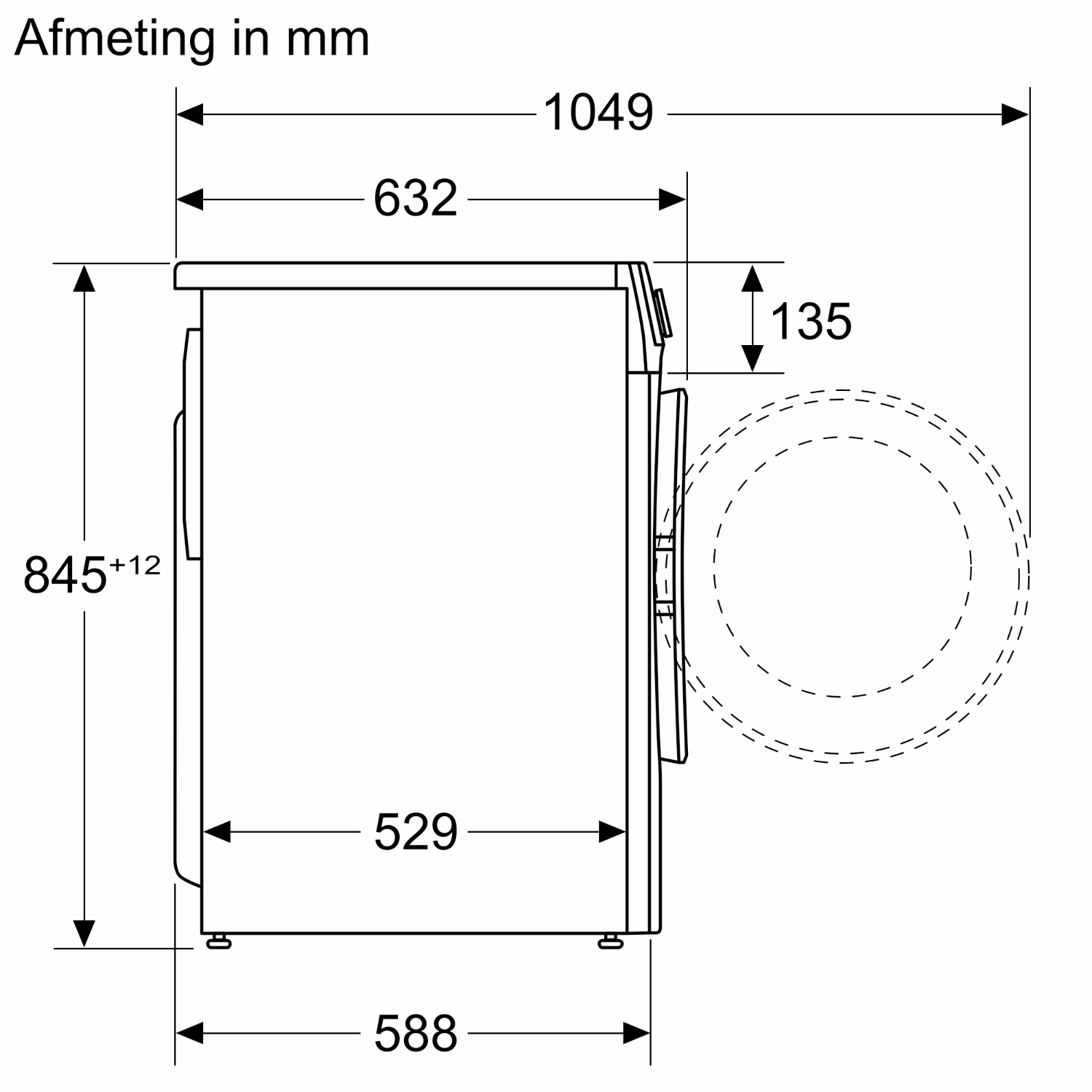 Side view of a washing machine with measurements in mm; white background.