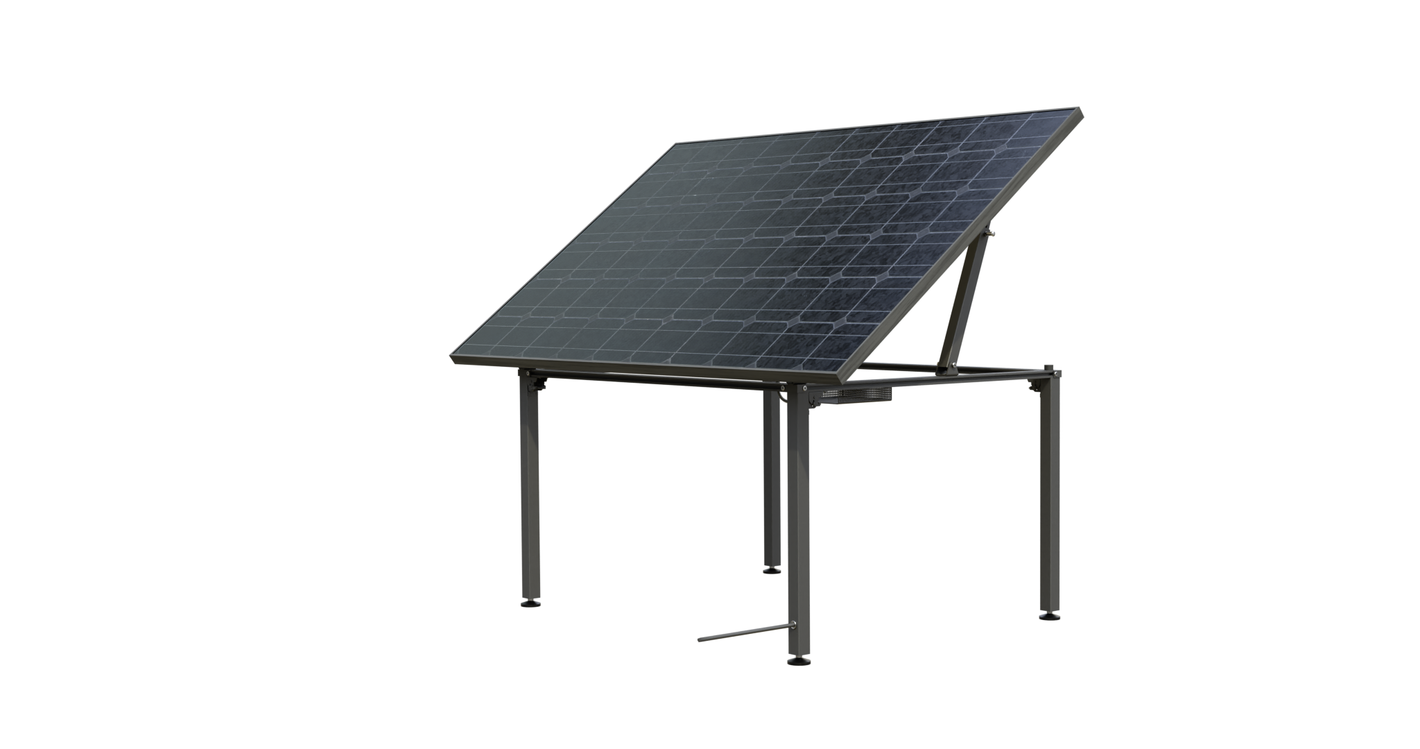 Ein Solarpanel ist auf einem dunkelgrauen Rahmen montiert. Der Hintergrund ist weiß.