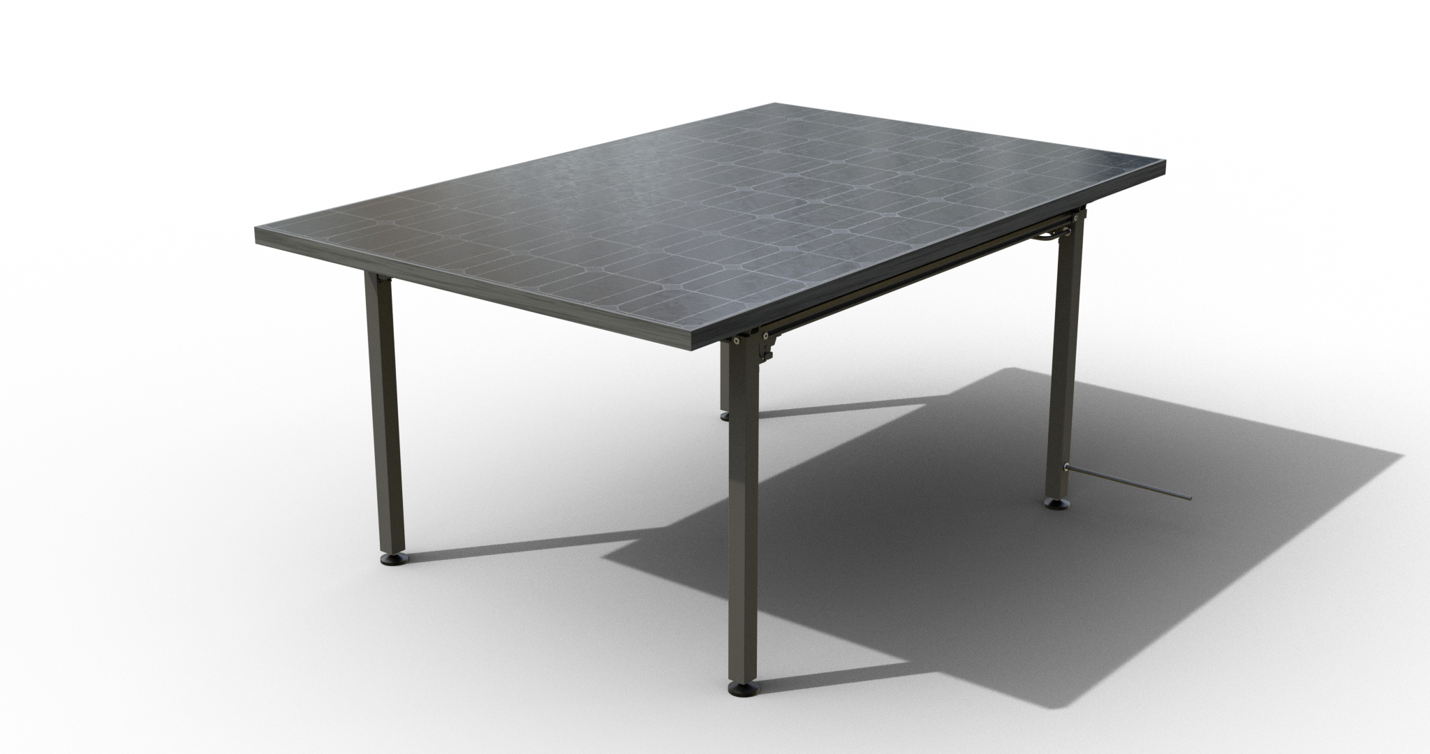 Ein grauer Solarpanel-Tisch, vor weißem Hintergrund, mit Beinen und Schatten.