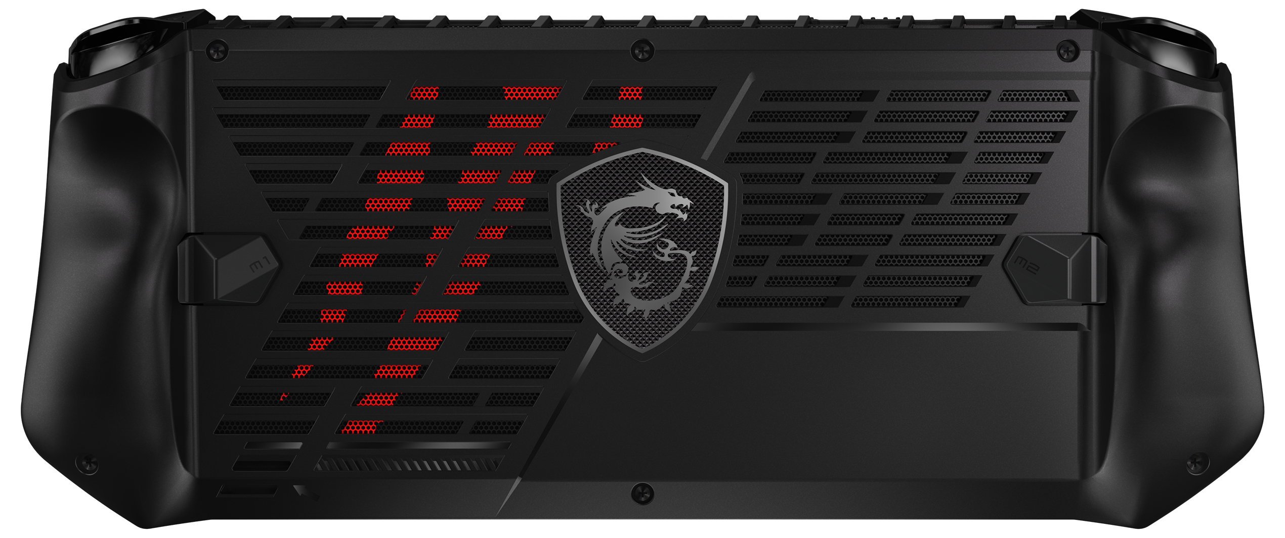 Schwarzes Handheld-Gaming-Gerät mit roten Akzenten und MSI-Logo.