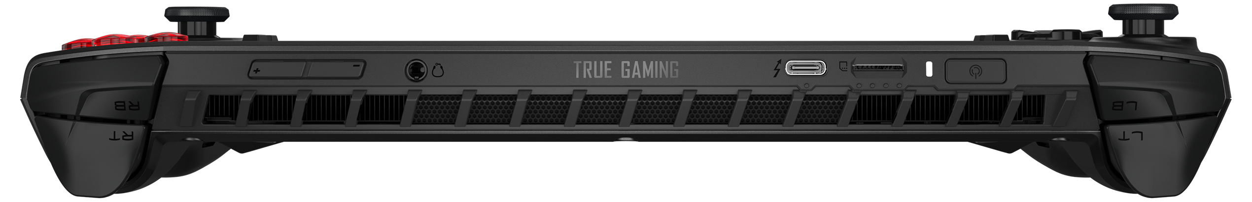 Gaming-Konsolen-Controller, schwarz, mit Knöpfen, Anschlüssen und dem Text 'TRUE GAMING'.