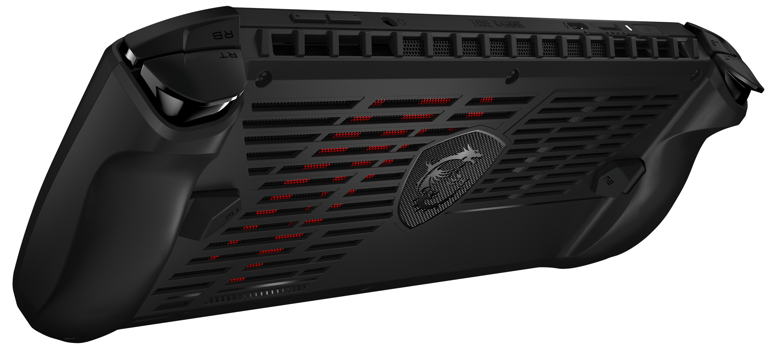 Schwarzes Handheld-Gaming-Gerät, schräge Ansicht, mit roten Akzenten und MSI-Logo. Seitenansicht.