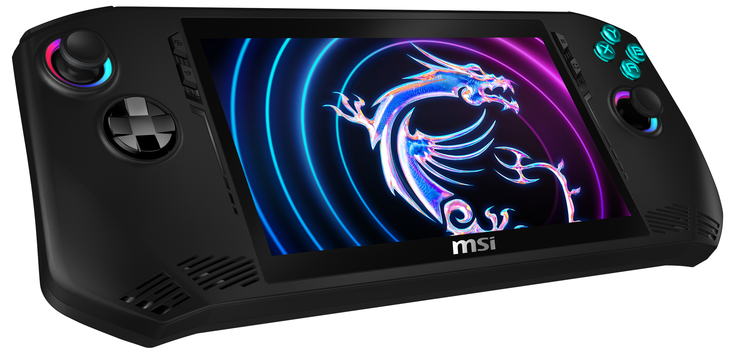 Schwarzes Handheld-Gaming-Gerät mit Bildschirm, der ein Drachendesign und MSI-Logo zeigt.