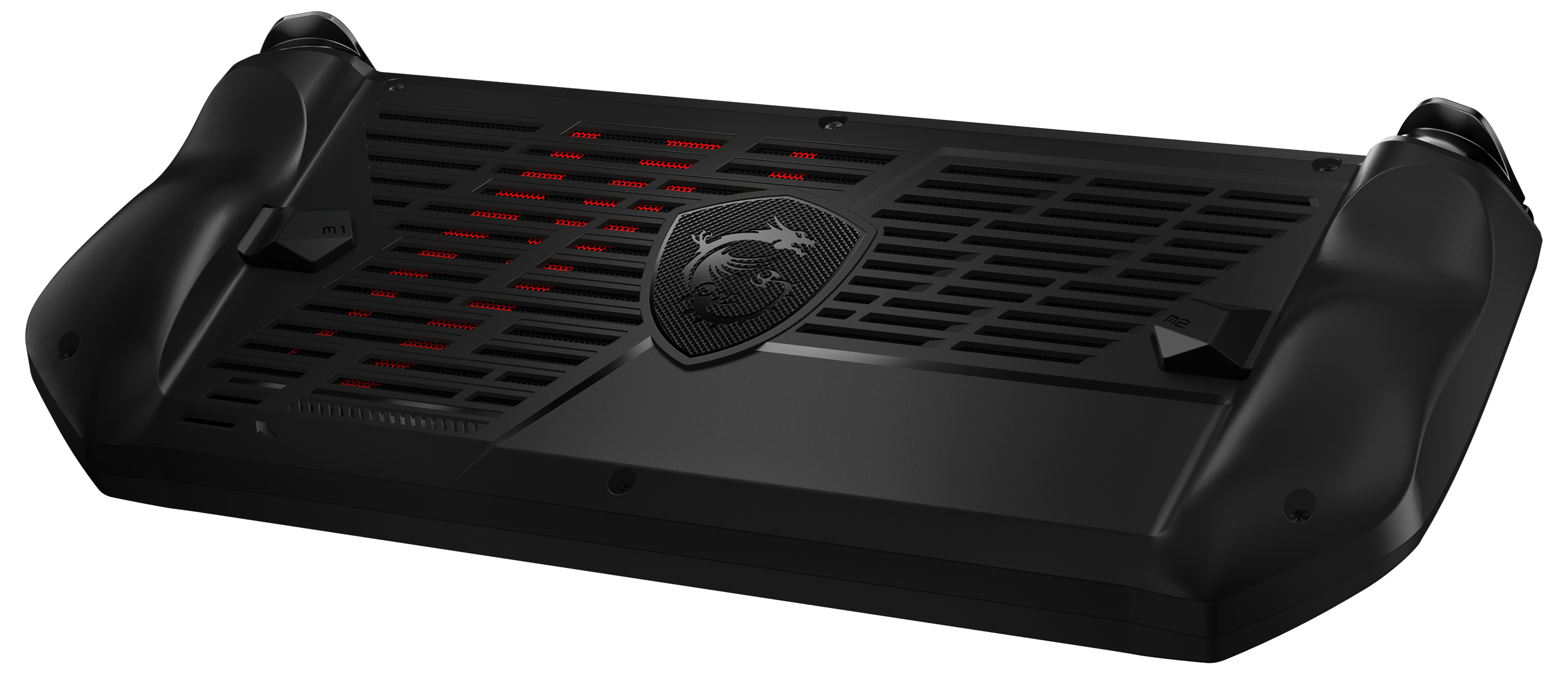 Schwarzes Handheld-Gaming-Gerät, Draufsicht, mit roten Akzenten und MSI-Logo in der Mitte.