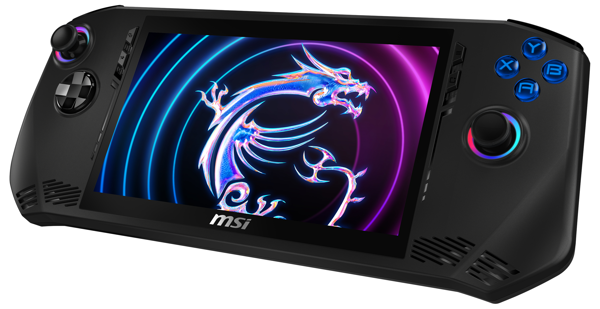 Schwarze Handheld-Spielkonsole mit einem Bildschirm, der ein Drachenbild mit dem MSI-Logo zeigt.