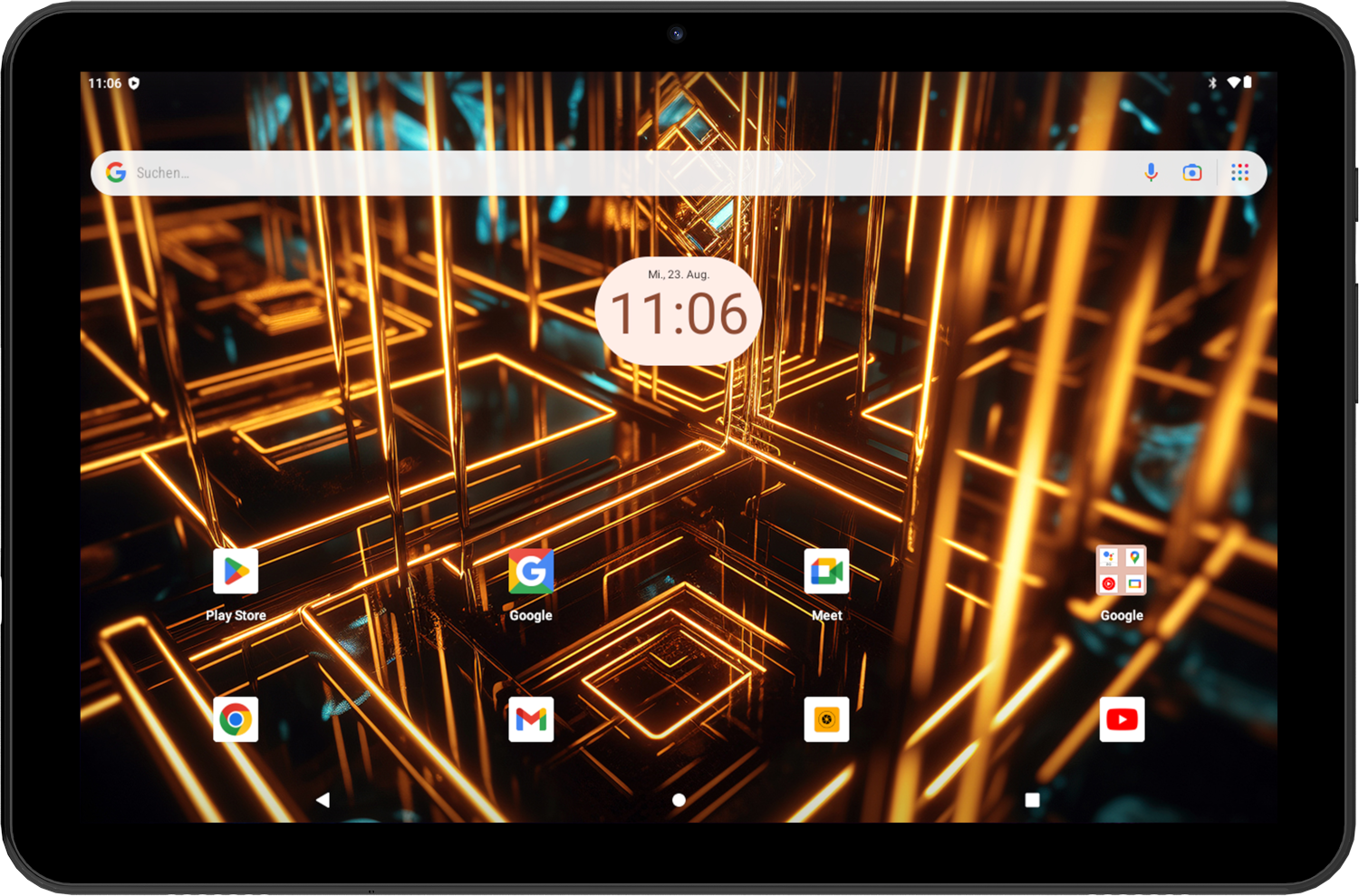 Zwarte tablet met een startscherm met app-iconen en de tijd.