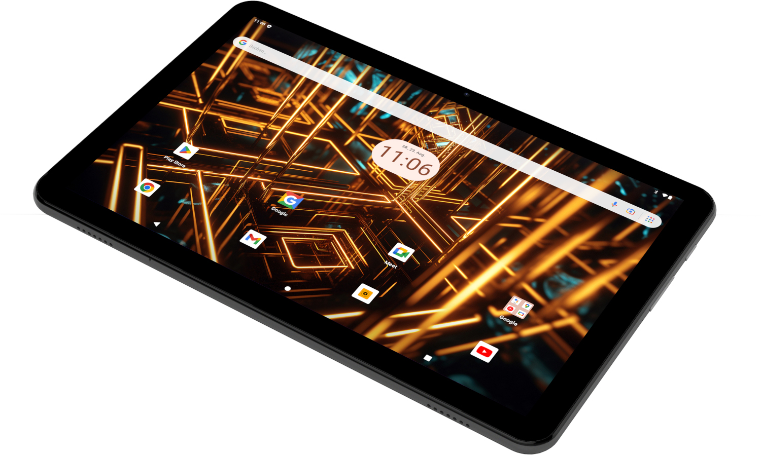 Een zwarte tablet met een helder scherm met pictogrammen en een klok.