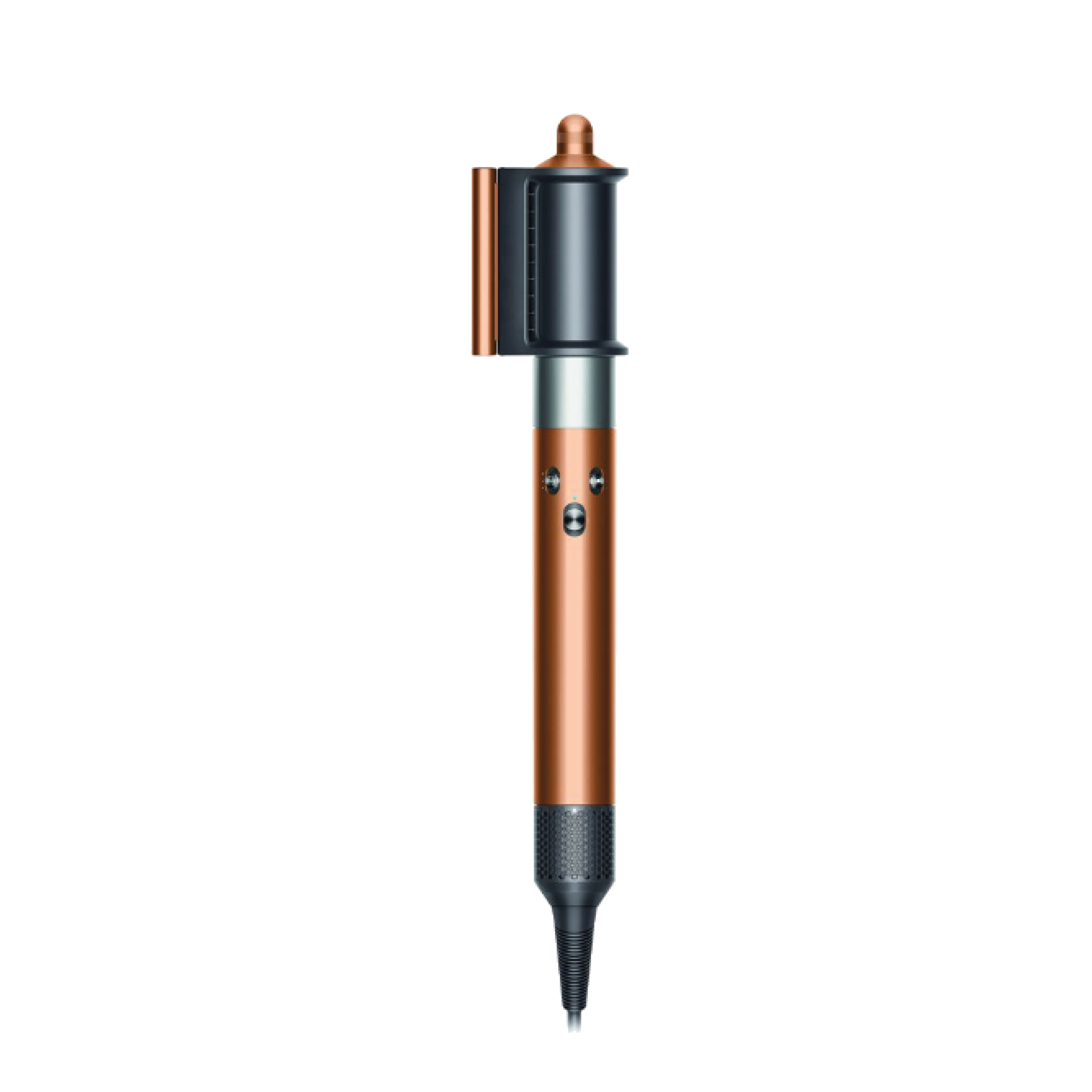 Ein kupferfarbener und grauer Dyson Airwrap Multi-Styler auf schwarzem Hintergrund.