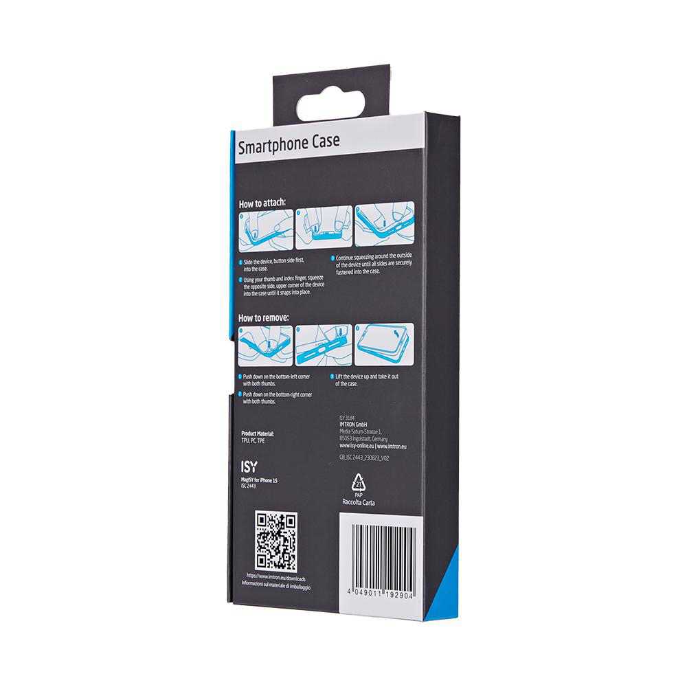 Smartphone-Hüllenverpackung mit Anweisungen und QR-Code.