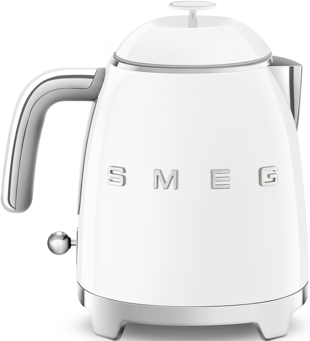 Ein rosa SMEG-Wasserkocher mit offenem Deckel, Griff und silbernem Sockel.