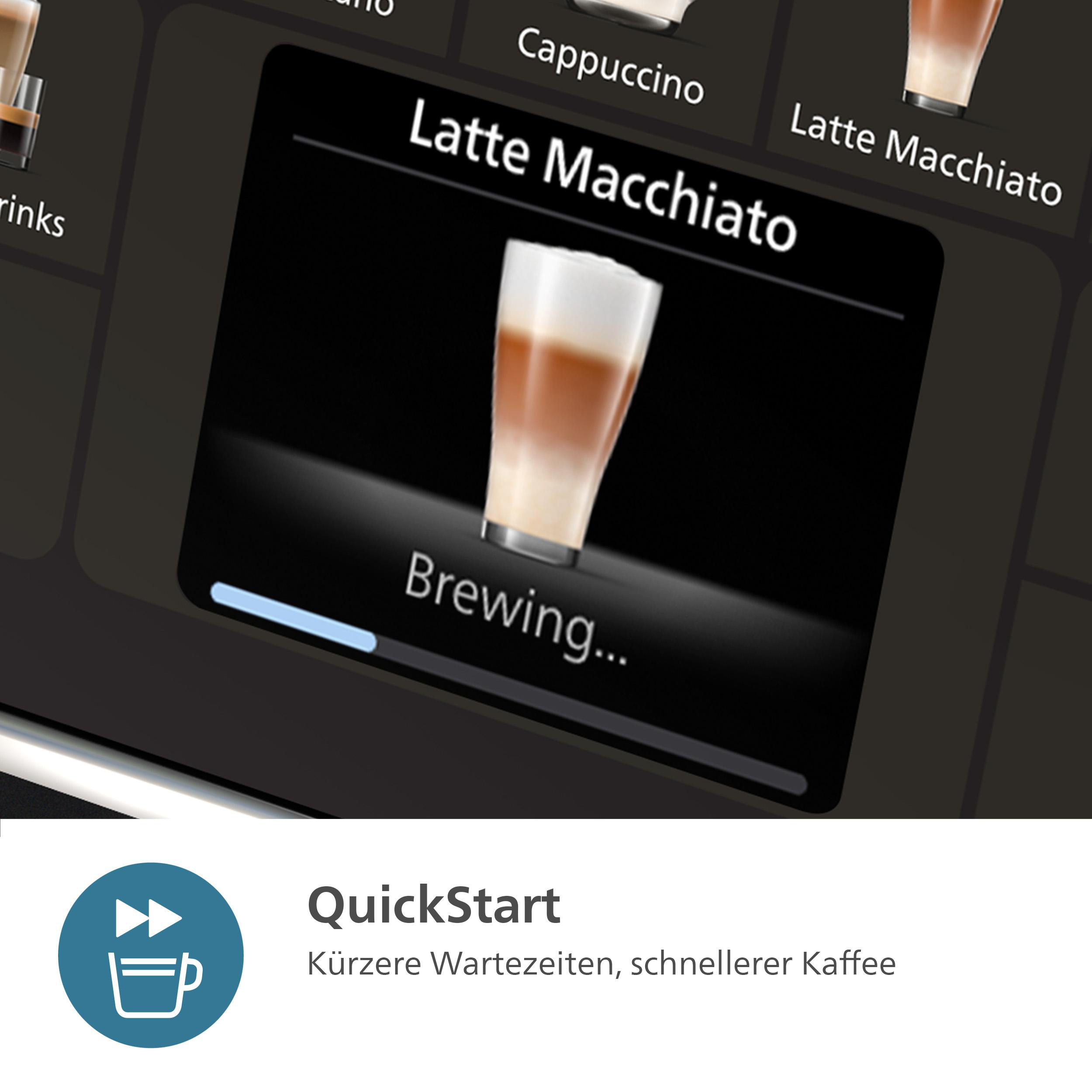 Kaffeemaschinen-Display zeigt 'Latte Macchiato' beim Brühen, mit blauem Fortschrittsbalken.