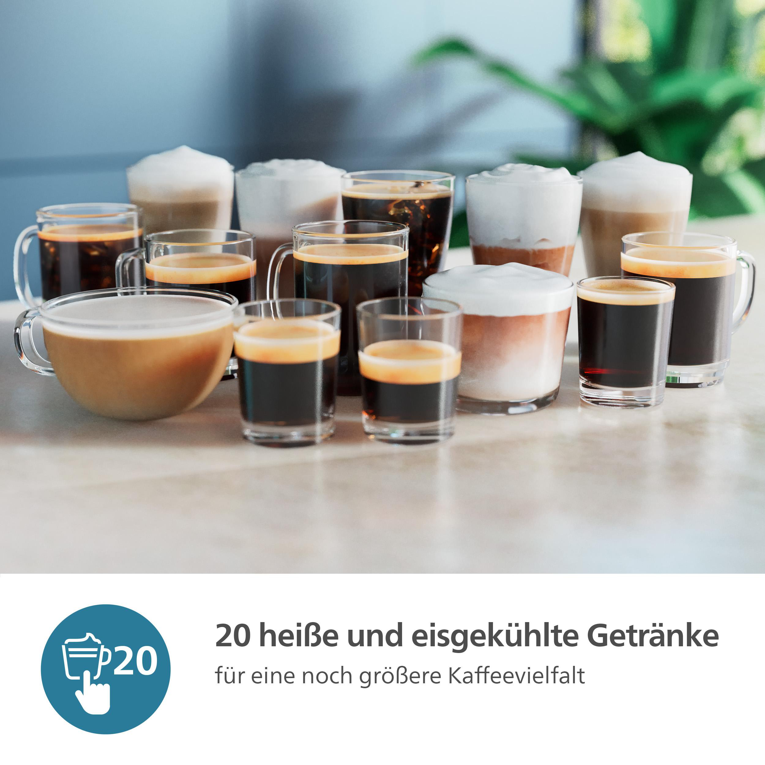 Verschiedene Kaffeegetränke in Gläsern, mit Text: 20 heiße und kalte Getränke.