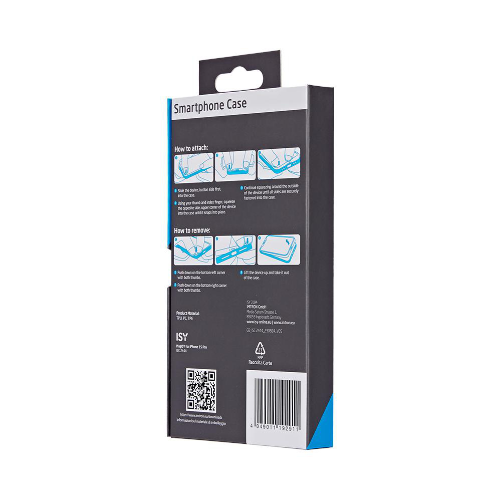 Eine Smartphone-Hüllenverpackung mit Anweisungen und einem QR-Code für das Produkt auf weißem Hintergrund.