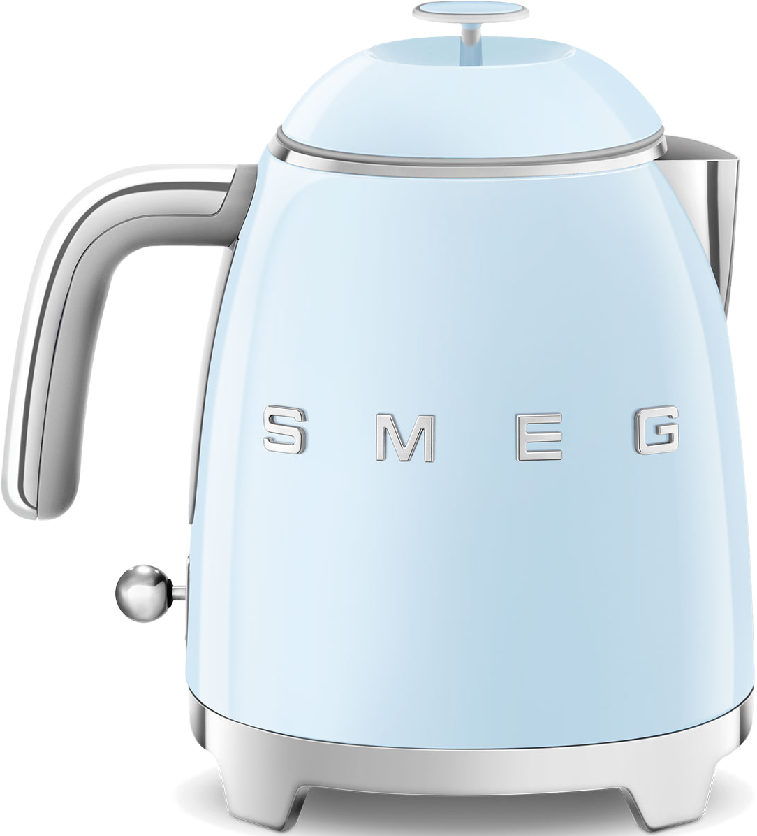 Hellblaue SMEG-Elektro-Kanne mit silbernem Griff, Ausguss und Basis, weißer Hintergrund.