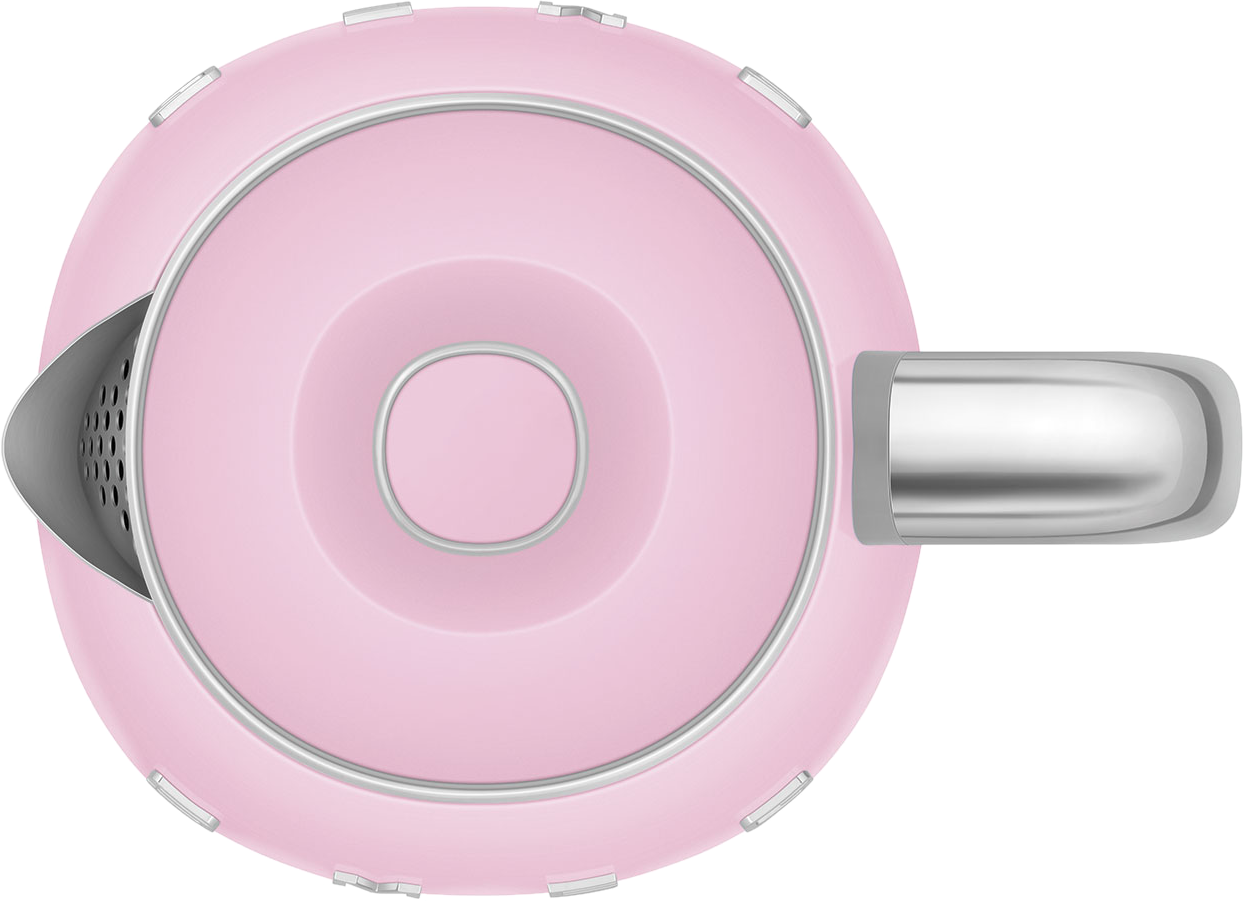 Rosa Retro-Kessel, Draufsicht, silberner Rand und Griff, mit Deckel.