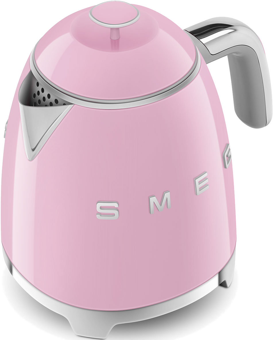 Rosa Smeg-Wasserkocher mit silbernem Griff und Smeg-Logo an der Seite.