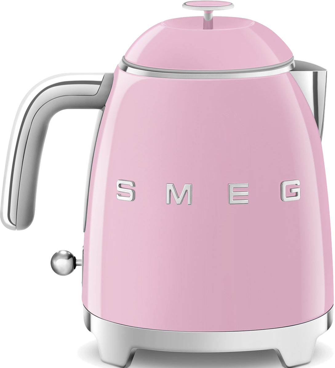 Ein pinkfarbener Smeg-Wasserkocher mit silbernem Griff und Sockel.