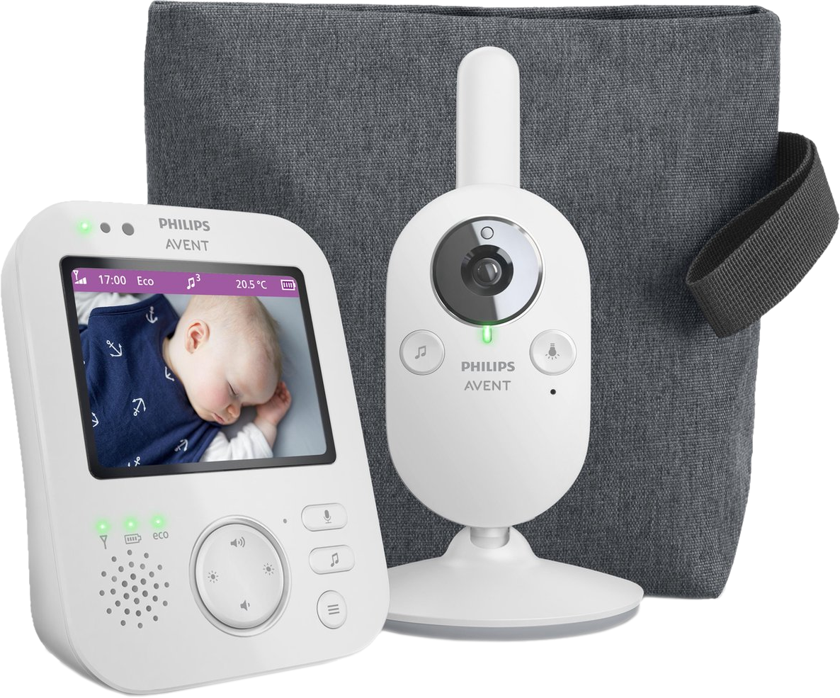 Babyphone avec écran et caméra. L'écran montre un bébé qui dort.