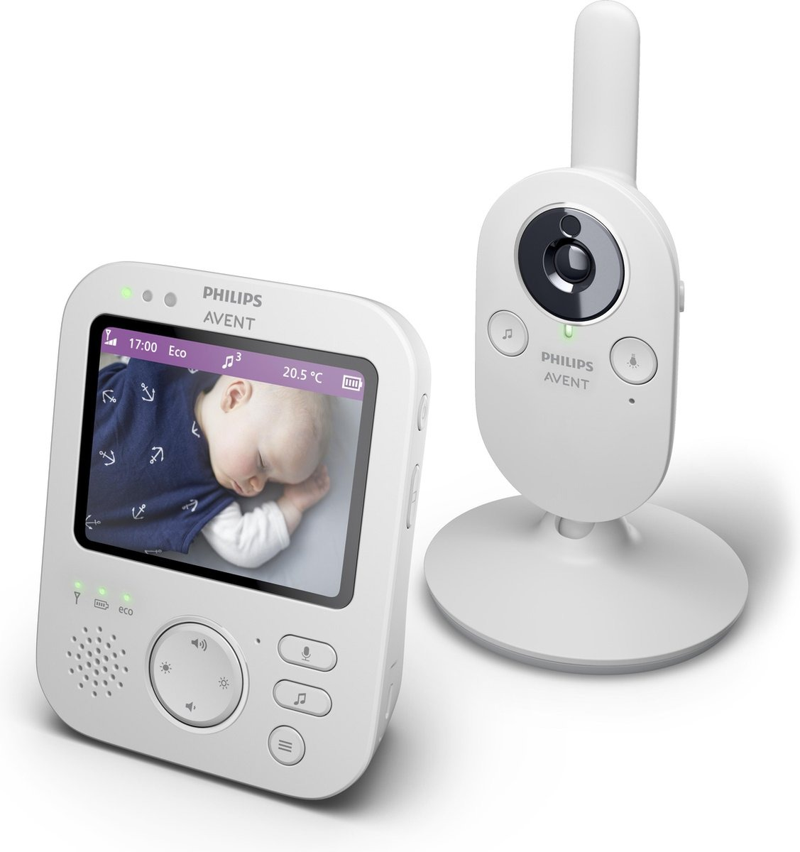 Babyphone blanc avec écran et caméra. Montrant un bébé endormi.