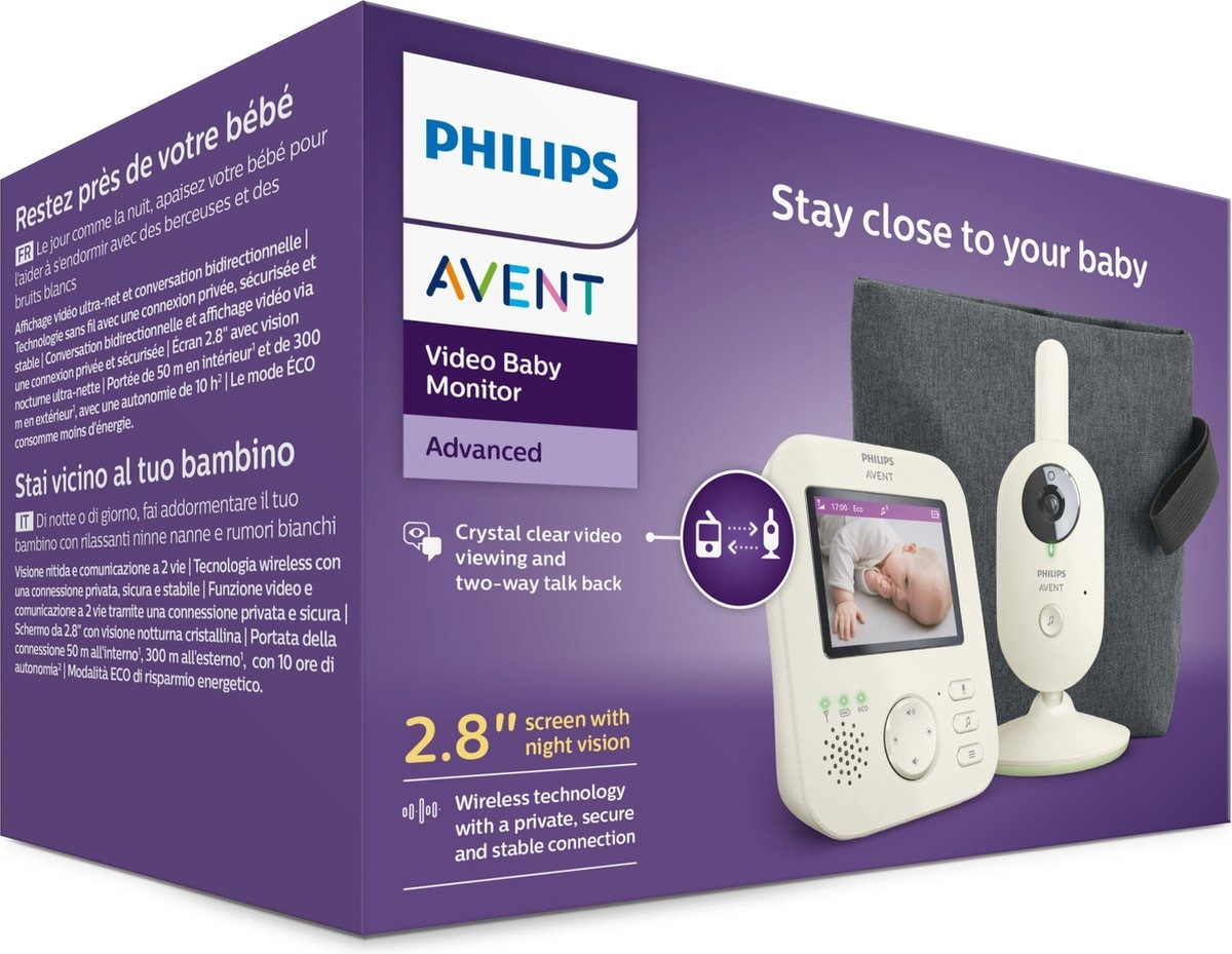 Babyphone Philips Avent avec un écran de 2,8" montrant un bébé. Le moniteur comprend une caméra.